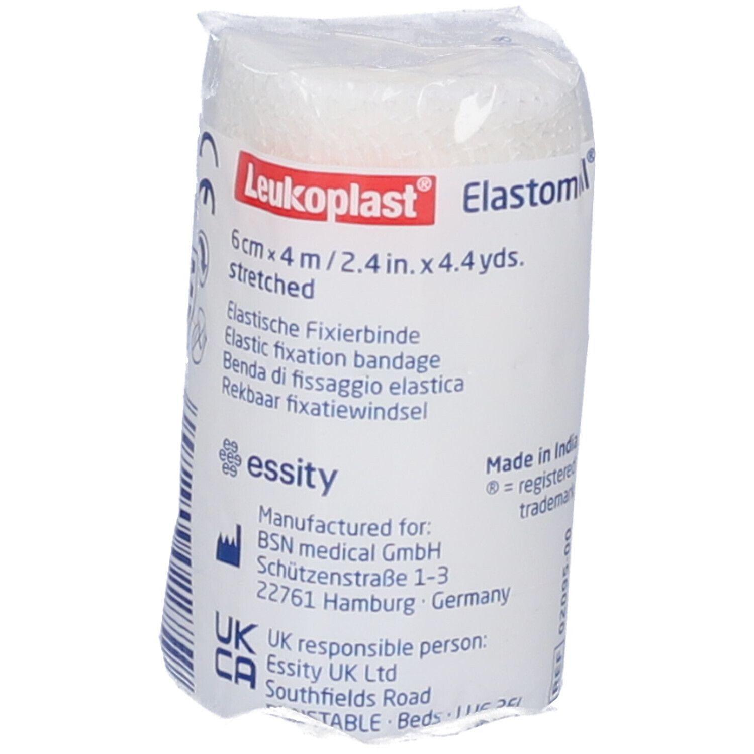 Rotolo confezionato Leukoplast Elastomull. Dimensione: 6 cm x 4 m. Testo: Benda di fissaggio elastica. Prodotto in India.