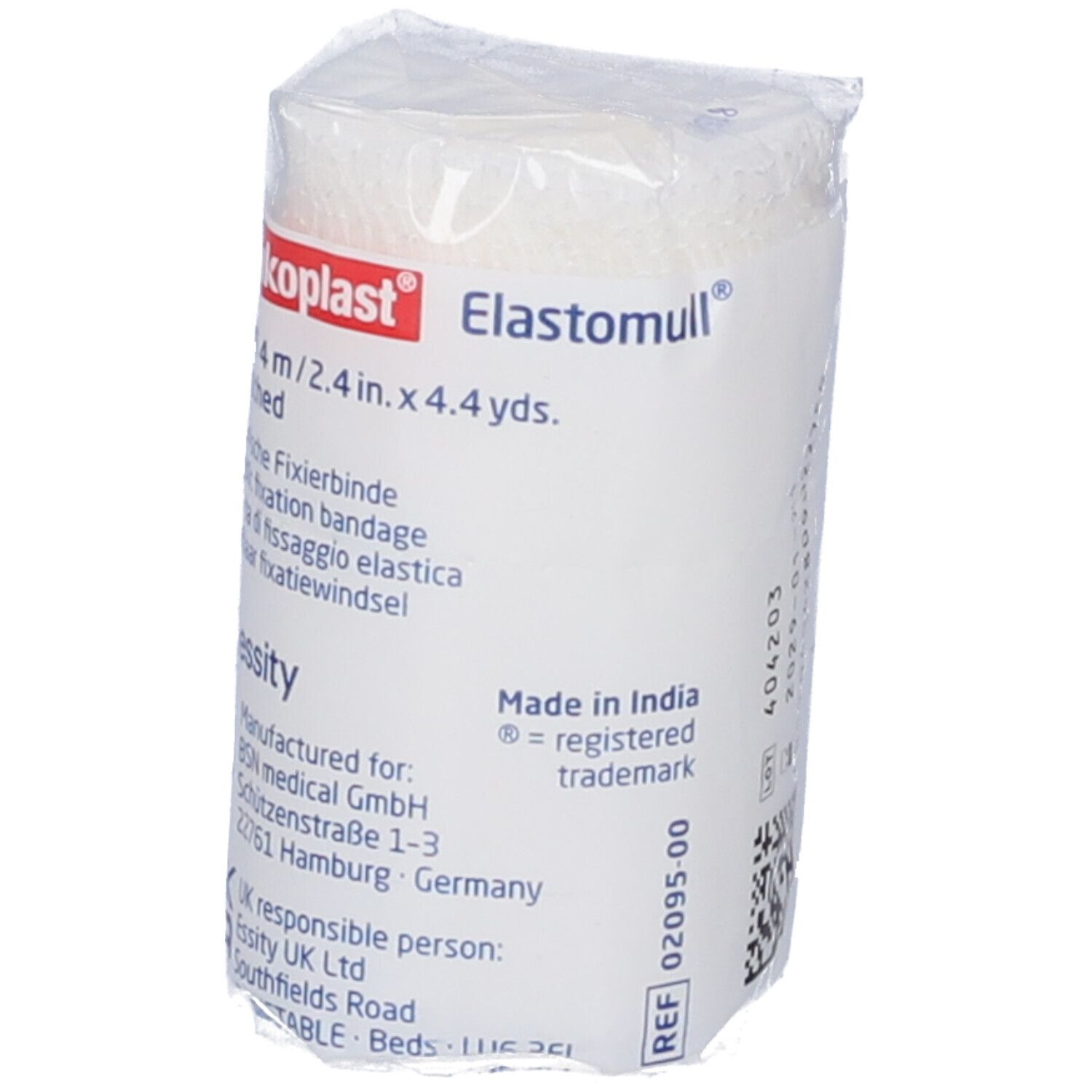Rotolo confezionato Leukoplast Elastomull. Dimensione: 6 cm x 4 m. Testo: Benda di fissaggio elastica. Prodotto in India.
