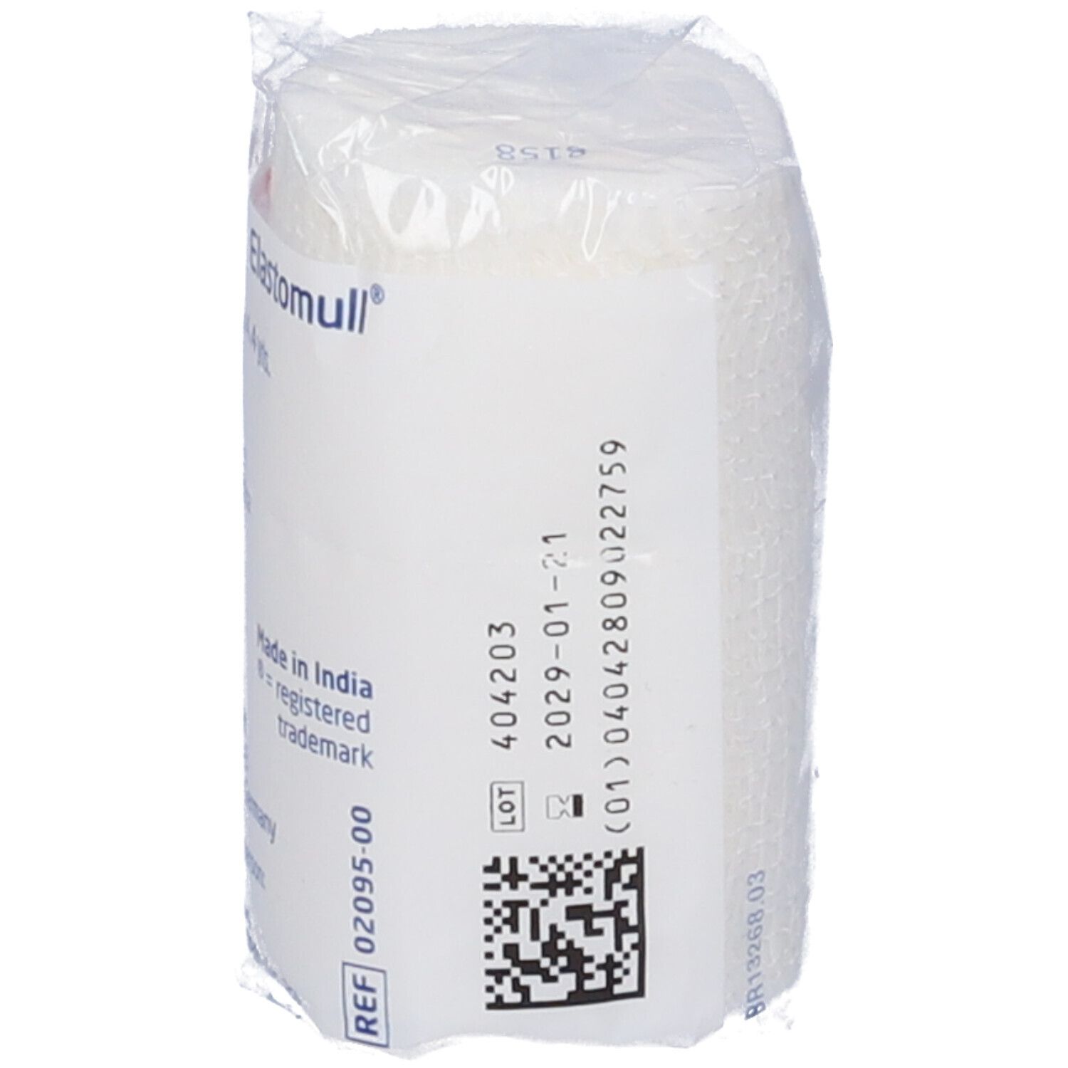 Rotolo confezionato Leukoplast Elastomull. Dimensione: 6 cm x 4 m. Testo: Benda di fissaggio elastica. Scadenza 2029-01-21.