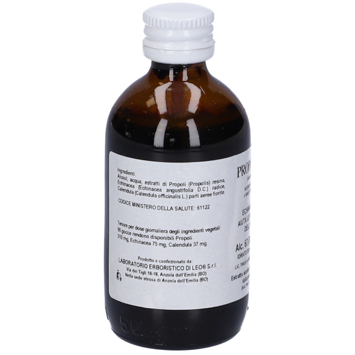 Flacone in vetro marrone con tappo bianco. Etichetta con ingredienti e dosaggio. Visibile: PROPOL MIX 2, 50 ml, 67,6% Vol.
