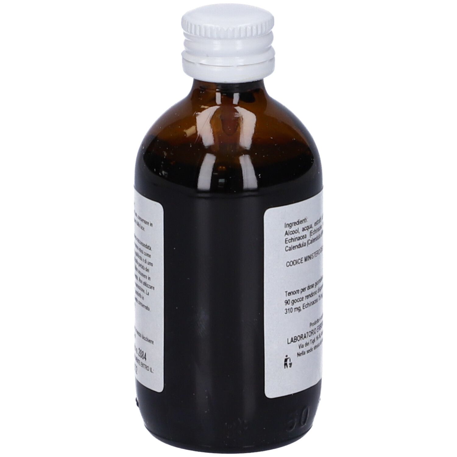 Flacone in vetro marrone con tappo bianco. Etichetta con ingredienti e dosaggio. Visibile: PROPOL MIX 2, 50 ml, 67,6% Vol.