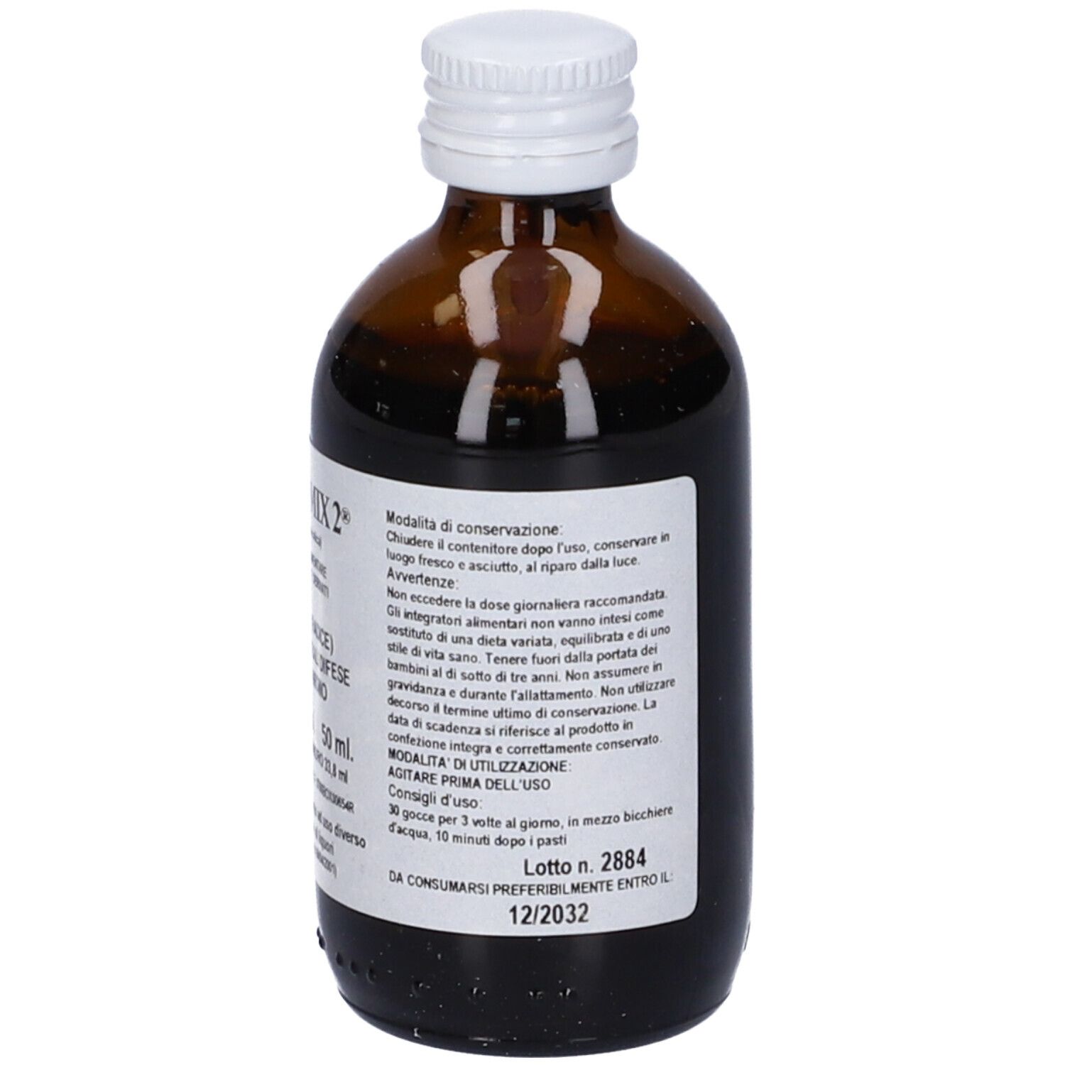 Flacone in vetro marrone con tappo bianco. Etichetta con istruzioni per l'uso. Visibile: PROPOL MIX 2, 50 ml, 67,6% Vol.
