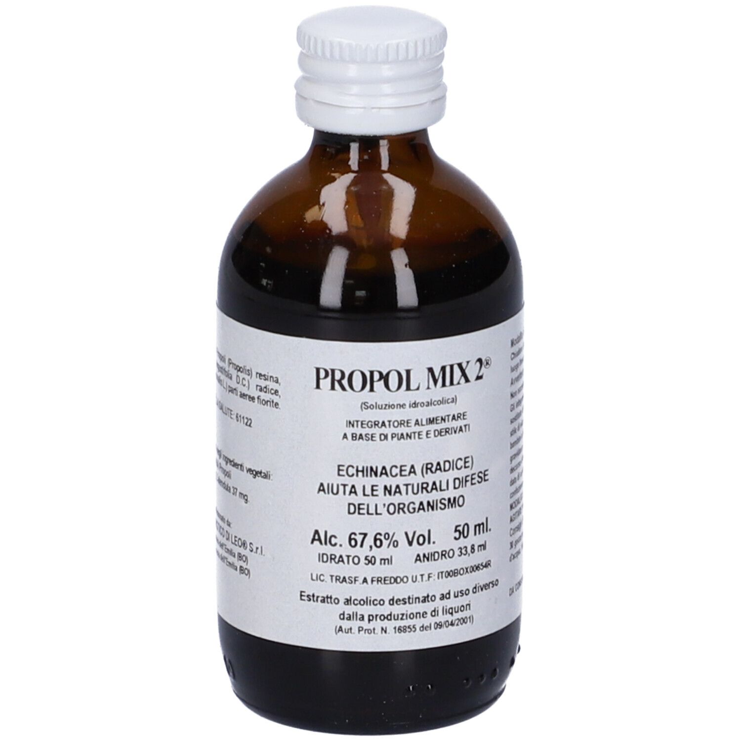 Flacone in vetro marrone con tappo bianco. Etichetta con informazioni sul prodotto. Visibile: PROPOL MIX 2, 50 ml, 67,6% Vol.