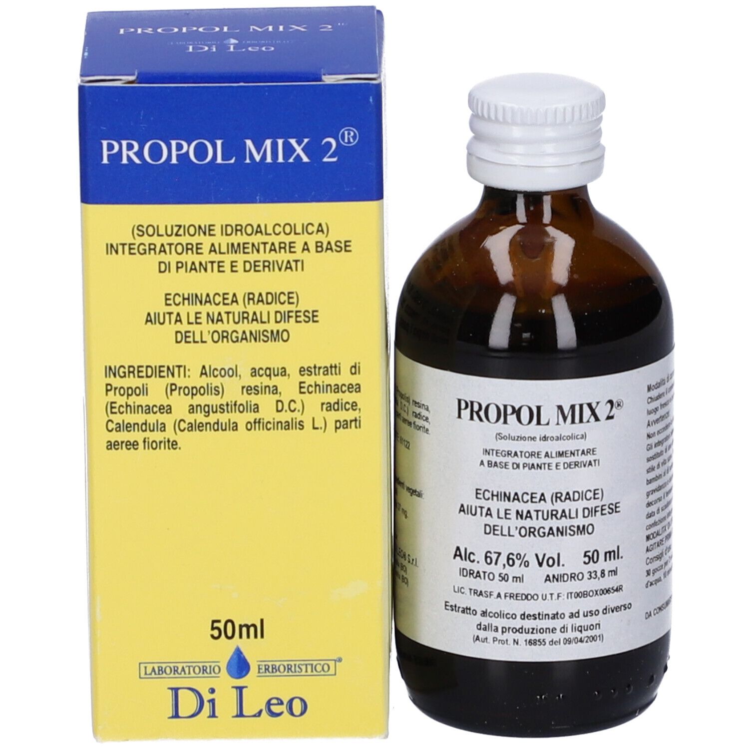 Confezione e flacone del prodotto. Scatola gialla e flacone marrone con tappo bianco. Visibile: PROPOL MIX 2, 50 ml.