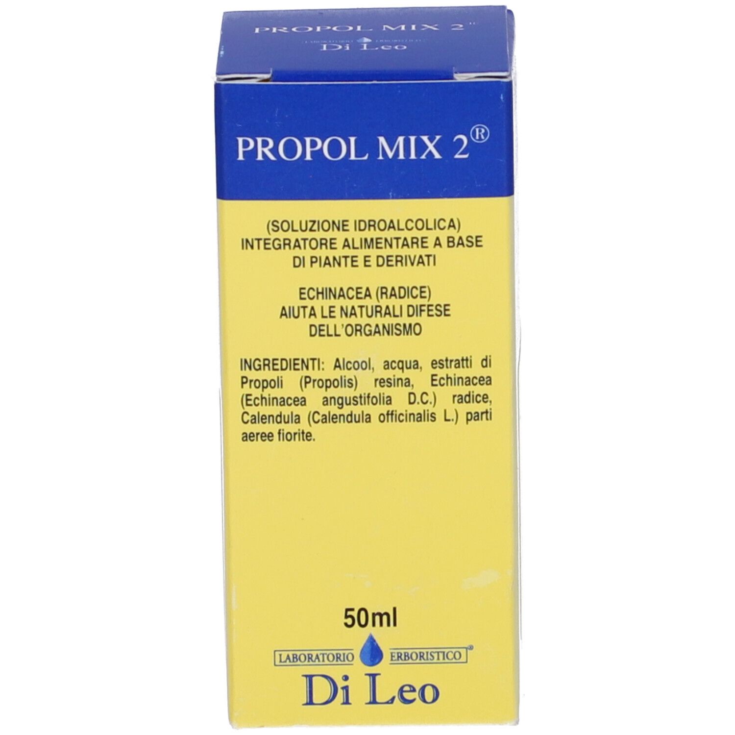 Confezione prodotto gialla. Visibile: PROPOL MIX 2, 50 ml, Logo Di Leo.