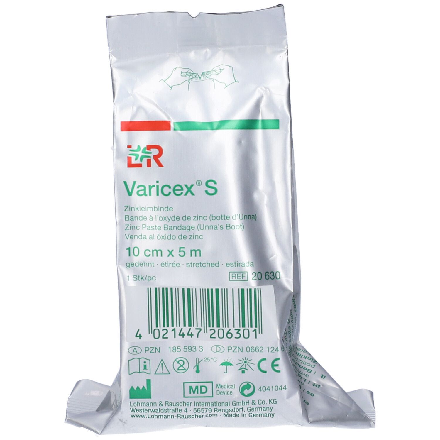 Confezione con nome prodotto Varicex S. 10 cm x 5 m. Logo e testo multilingue.