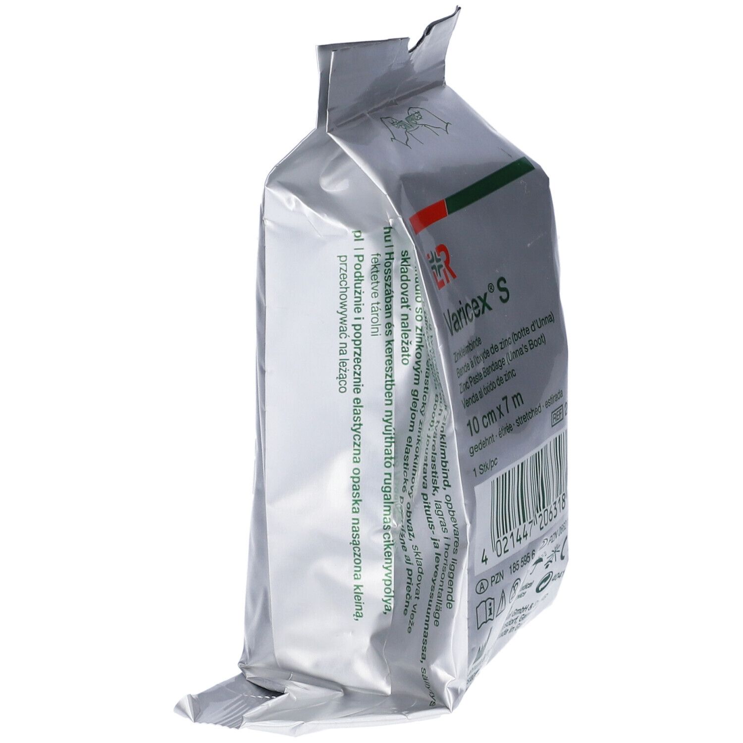 Confezione Varicex S, angolata. Confezione argentata con testo. 10 cm x 7 m. Striscia verde.