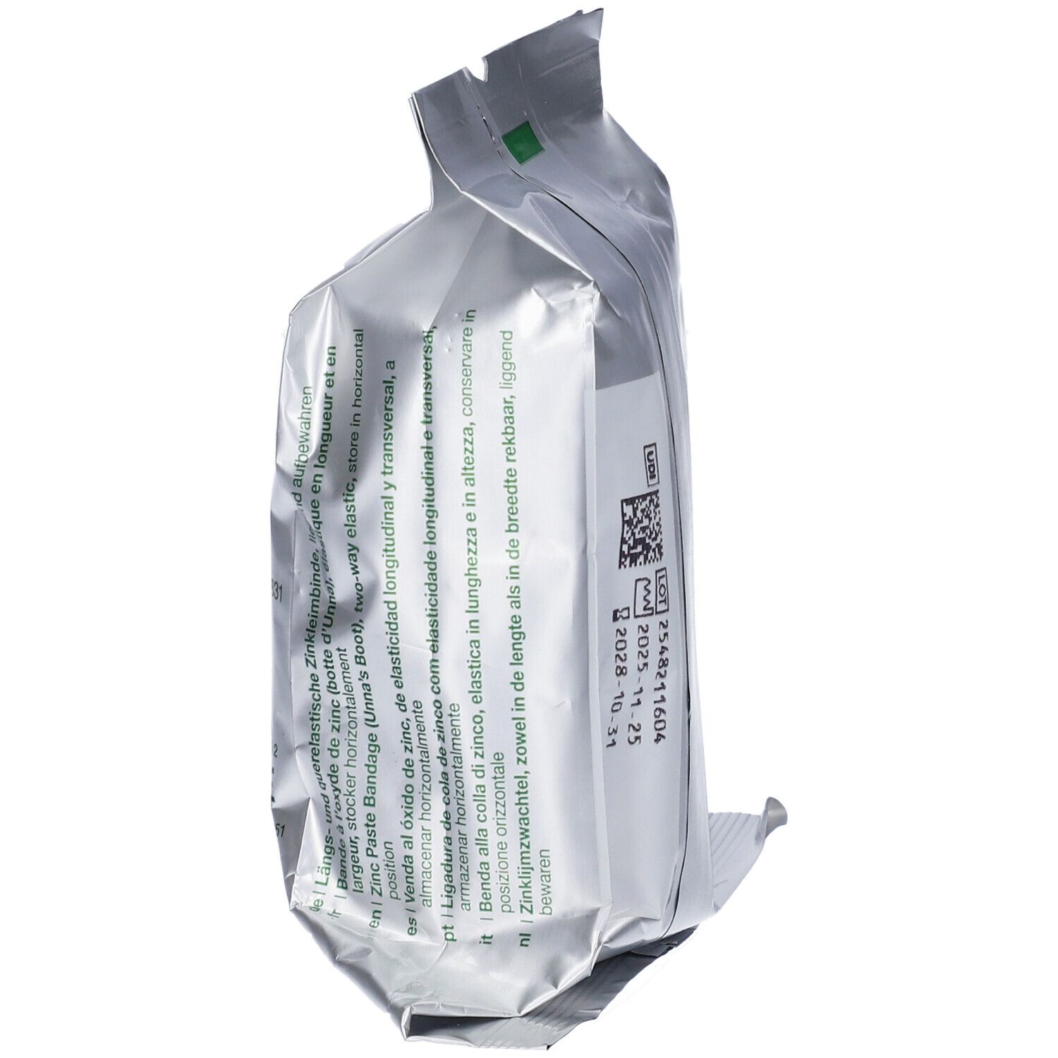 Confezione Varicex S, angolata. Confezione argentata con testo e codice a barre. Striscia verde.