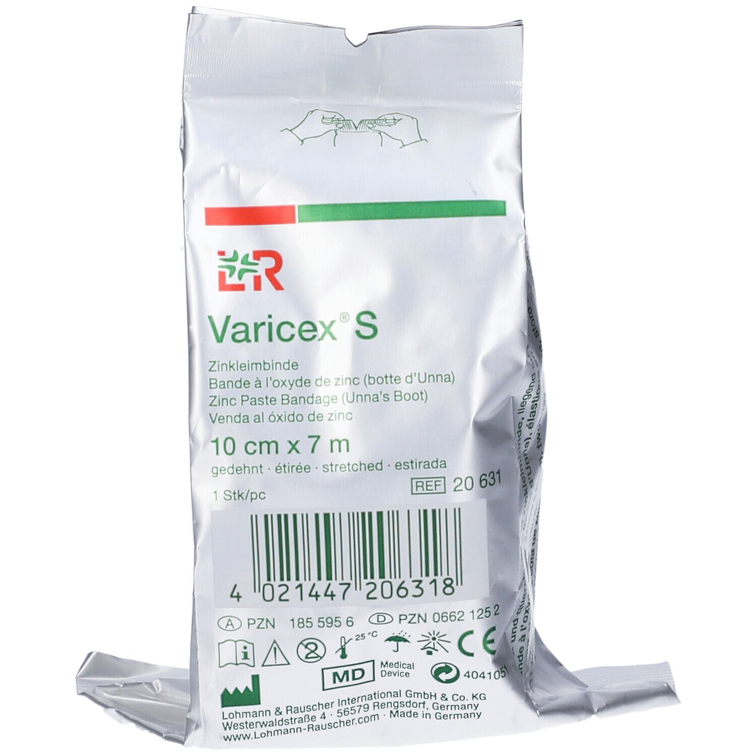 Confezione Varicex S. Confezione argentata con nome e dettagli. 10 cm x 7 m. Striscia verde.
