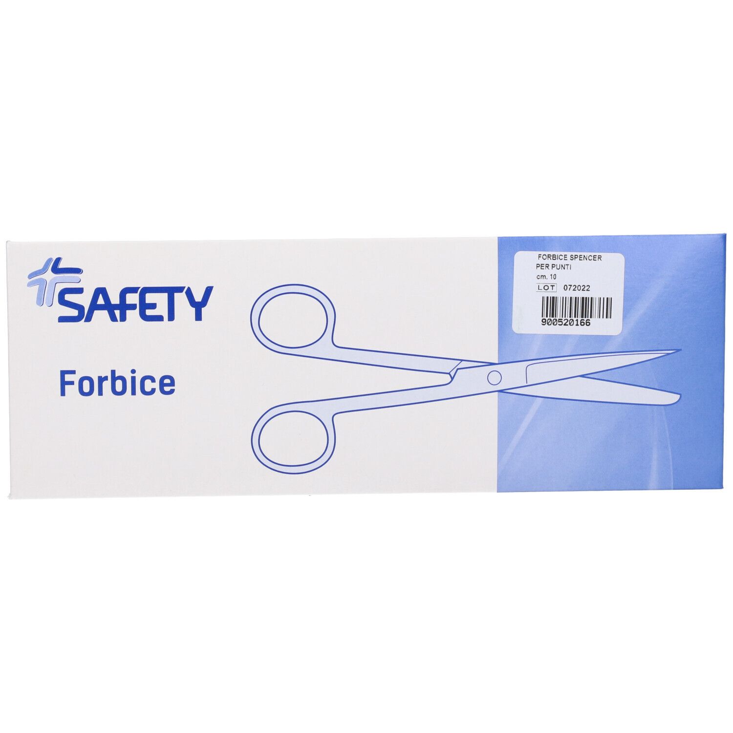 Confezione con illustrazione forbici. Marchio SAFETY. Nome prodotto e codice a barre.