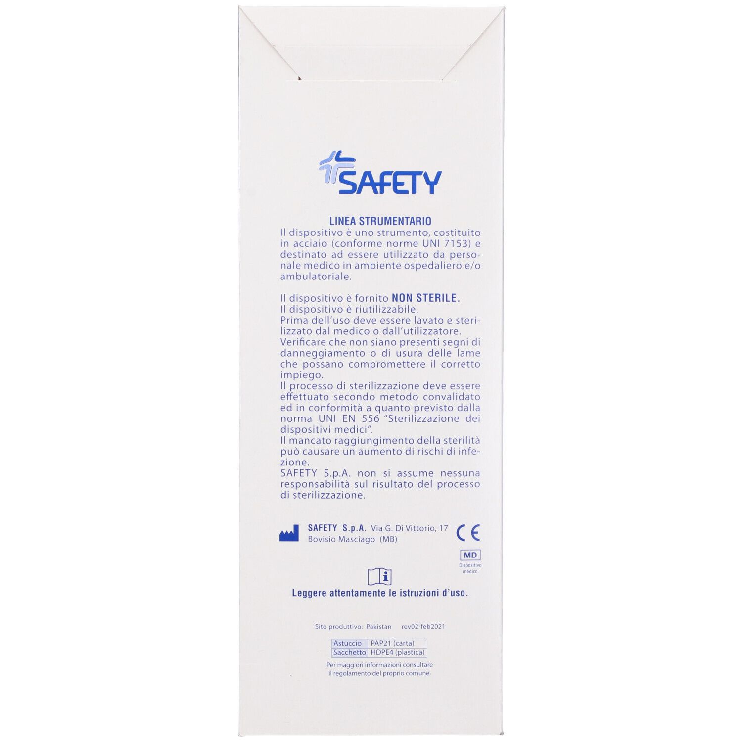 Retro confezione. Testo in italiano. Marchio SAFETY. Marcatura CE.