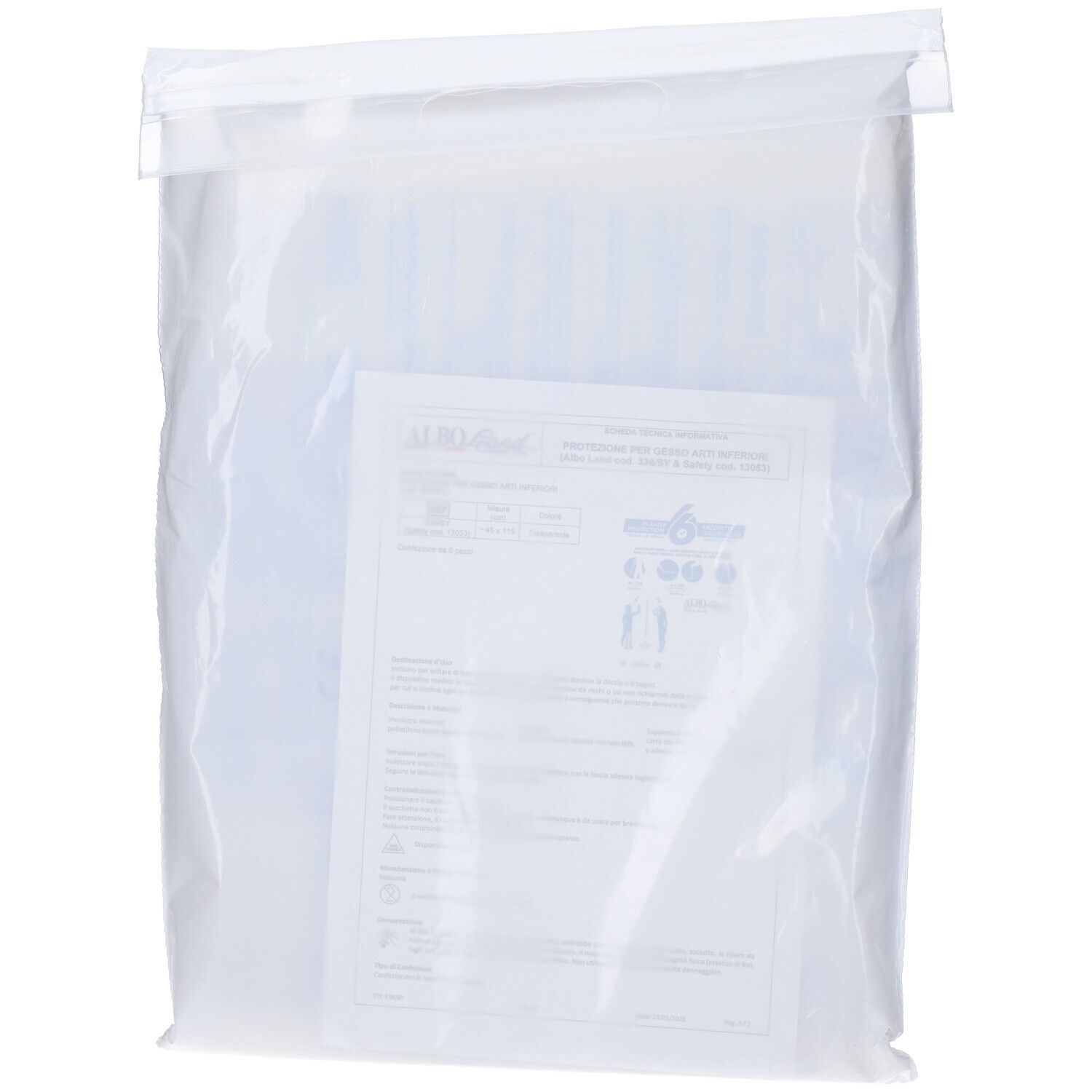 Busta di plastica trasparente con informazioni sul prodotto. Include un opuscolo con testo e grafica. Chiusura superiore con zip.