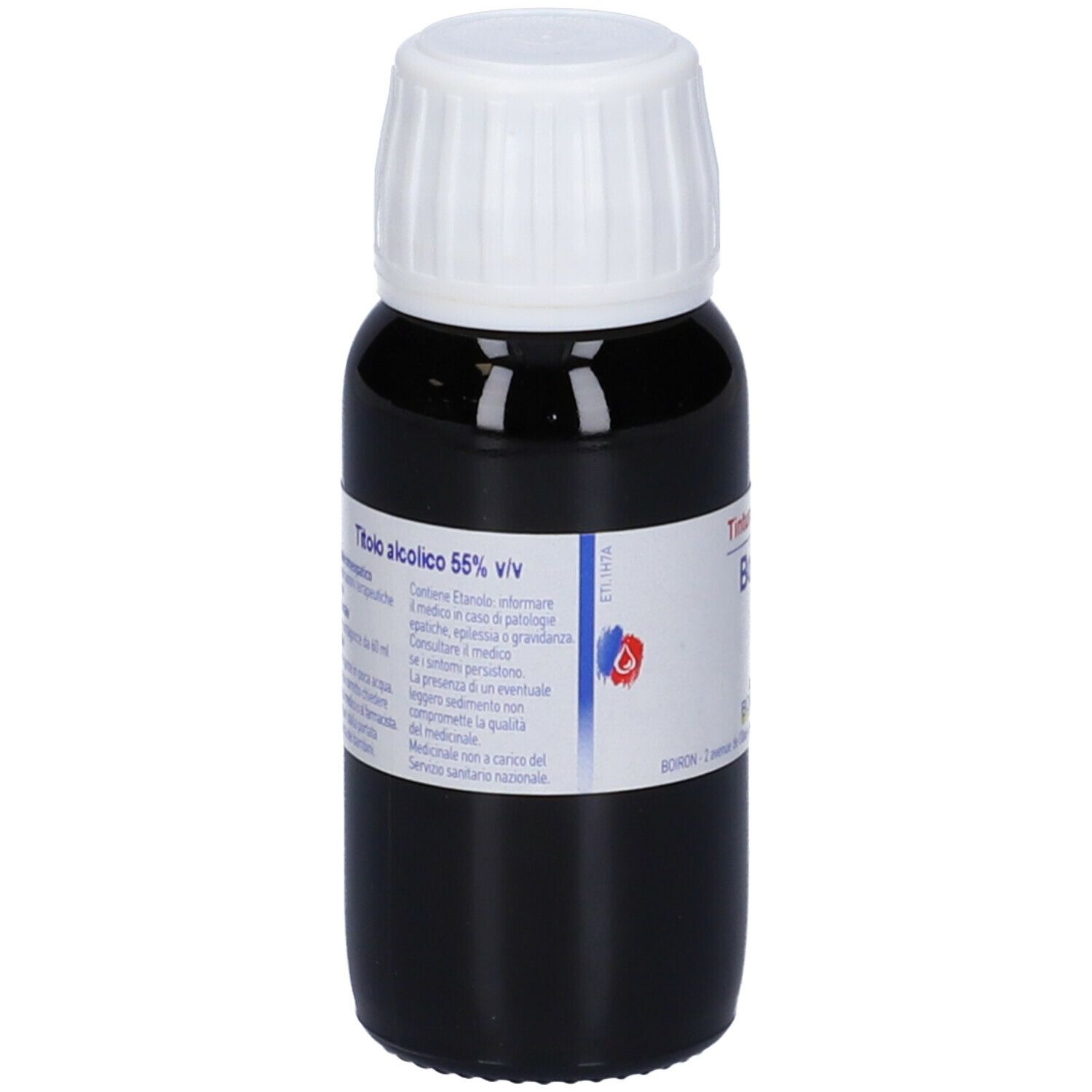 Liquido marrone in bottiglia con tappo bianco. Scritta: Tinctura madre, Boldo.