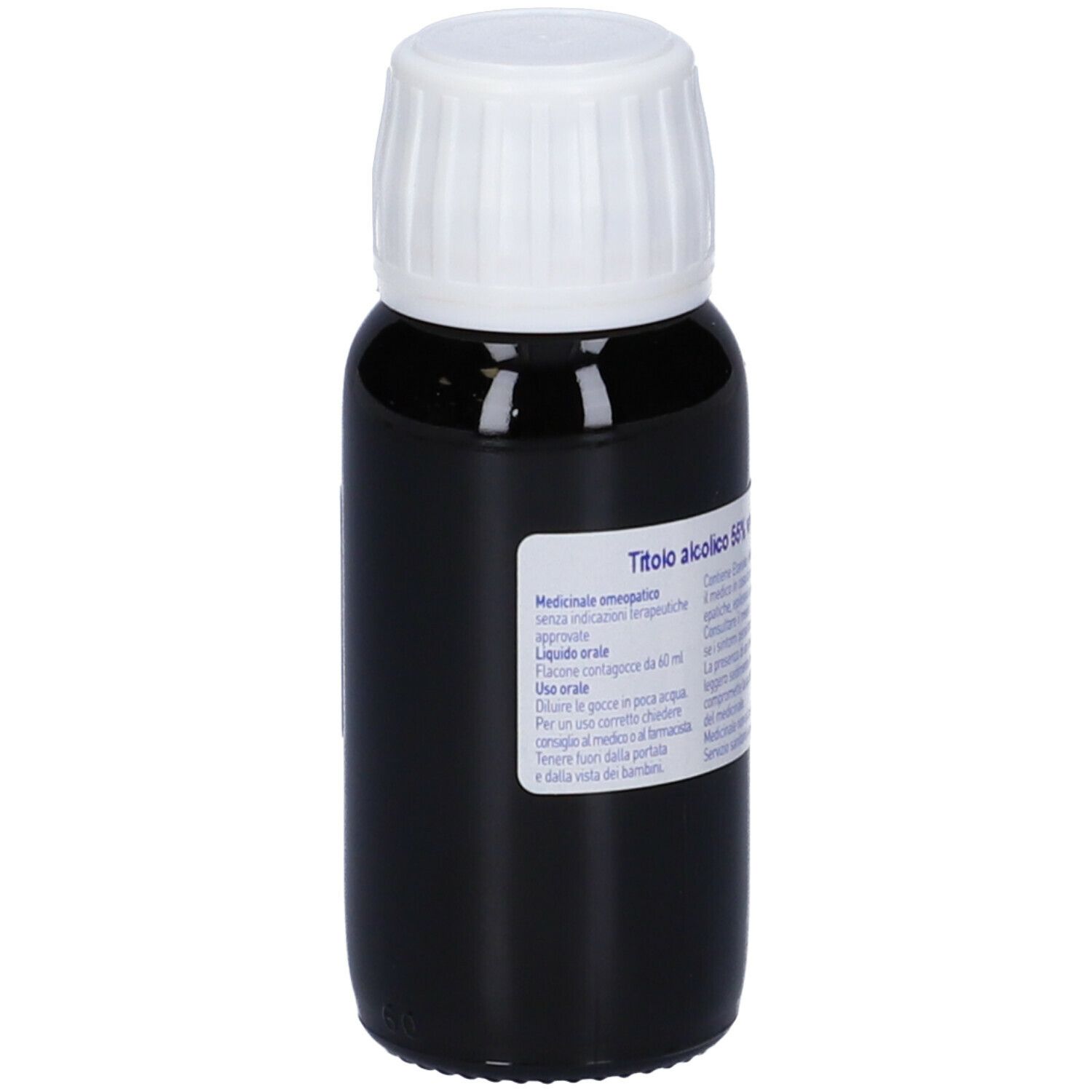Liquido marrone in bottiglia con tappo bianco. Scritta: Tinctura madre, Boldo.