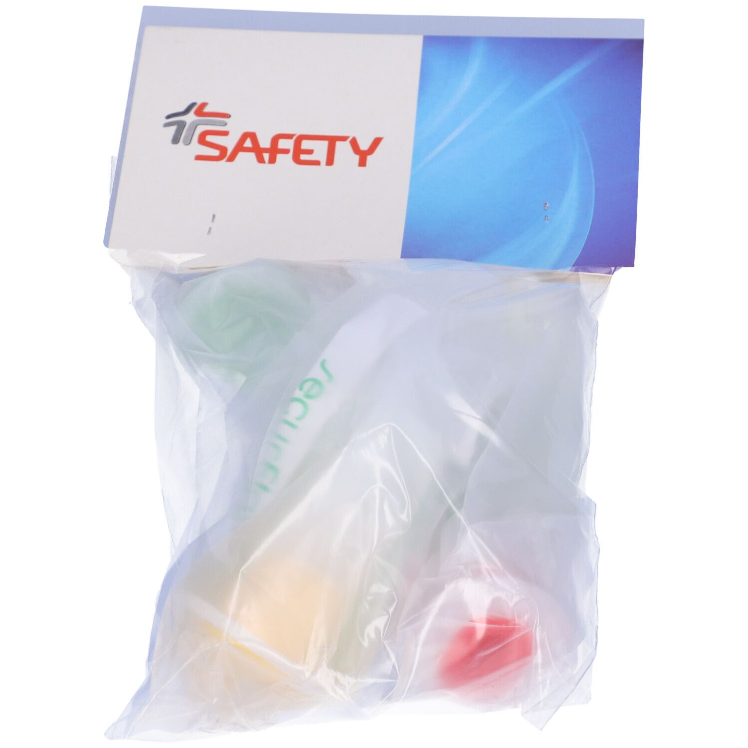 Sacchetto trasparente con tre cannule di Guedel colorate. Logo SAFETY in alto.