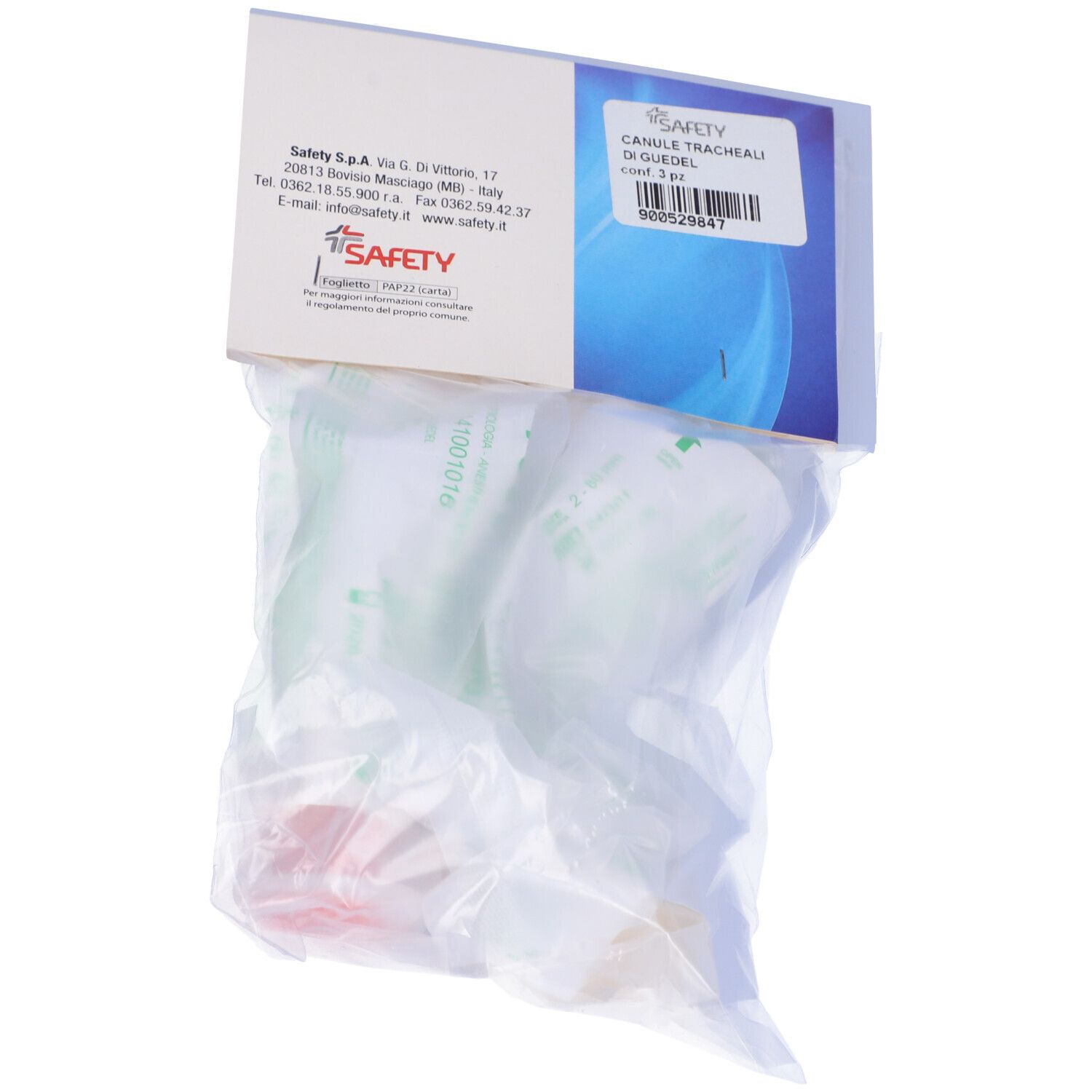Sacchetto trasparente con due cannule di Guedel. Etichetta con informazioni prodotto e logo SAFETY.
