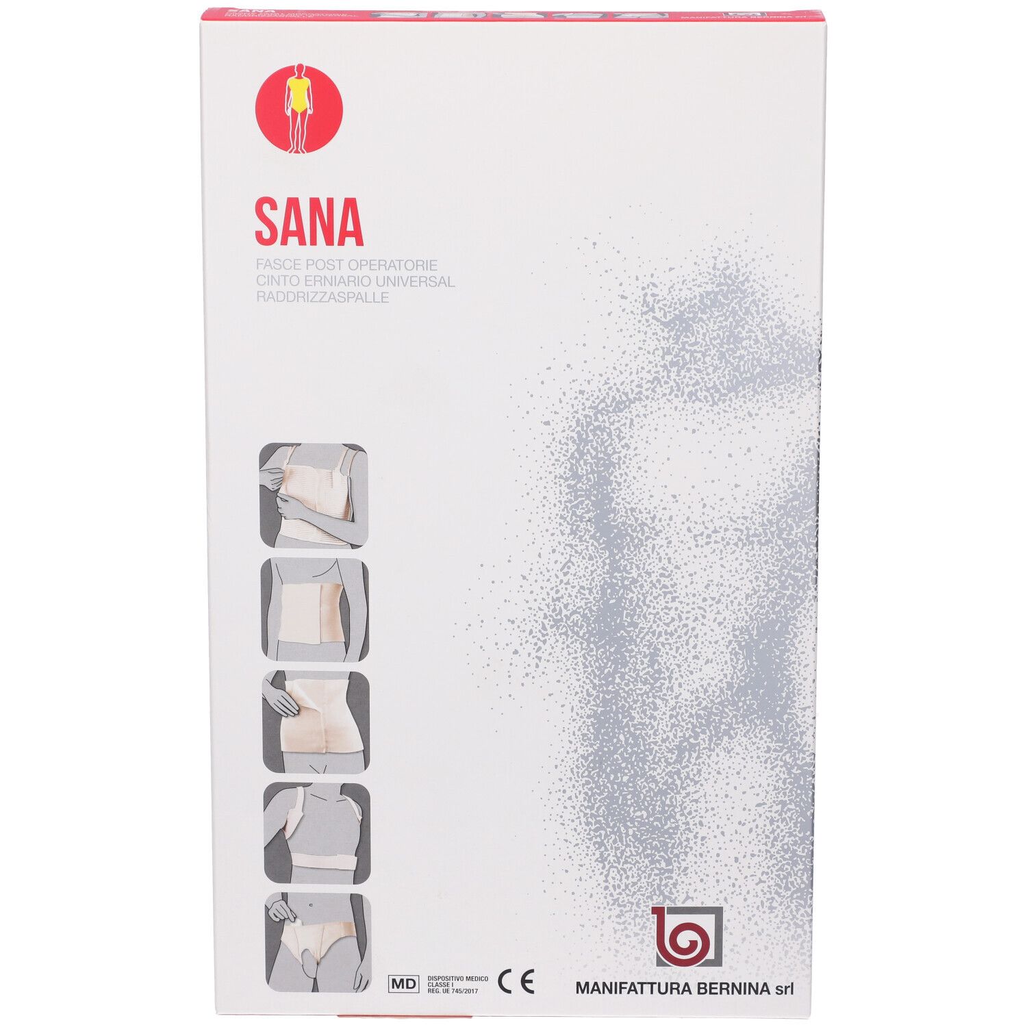 Confezione con illustrazioni d'uso di una cintura post-operatoria.