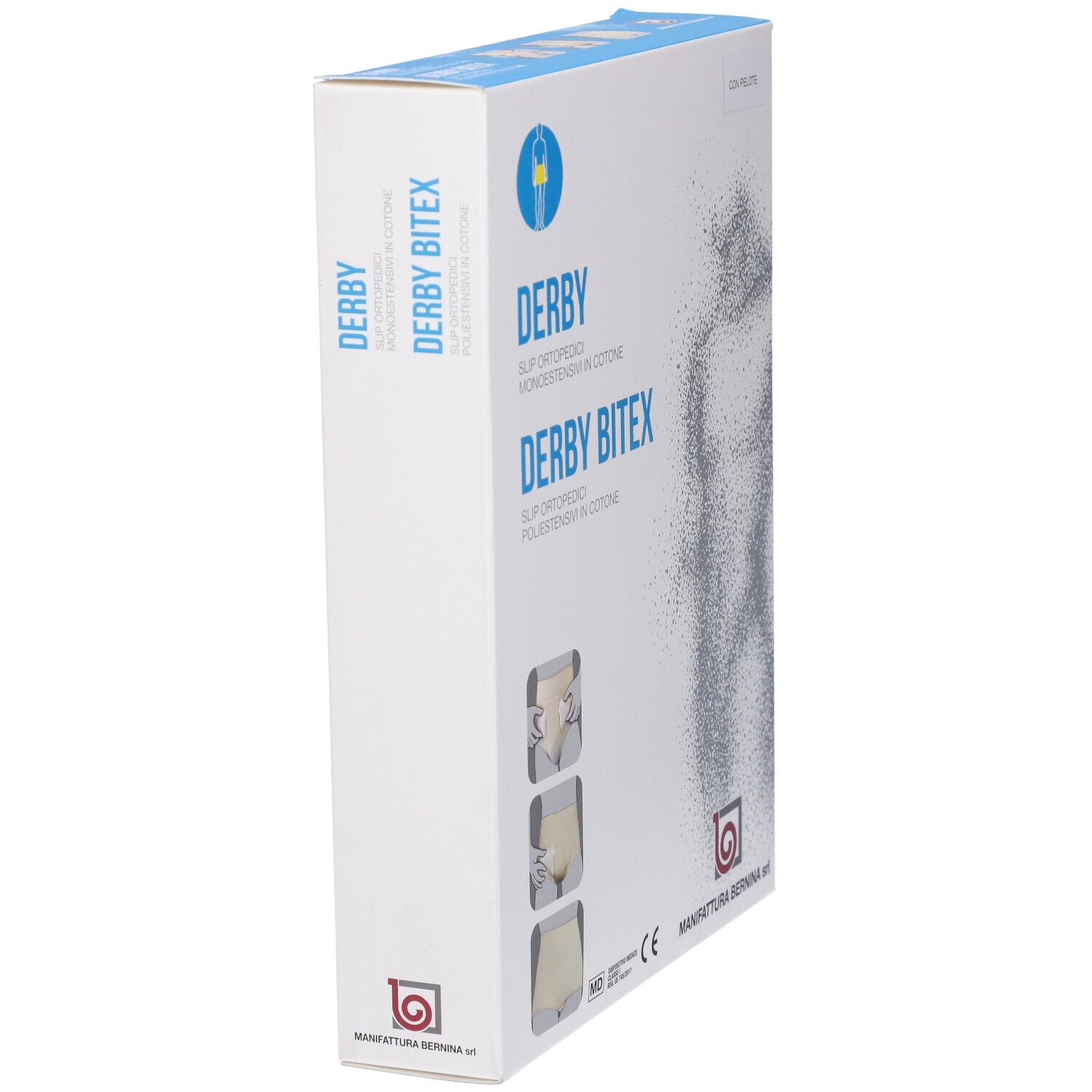 Vista laterale della confezione Derby BiteX. Scatola bianca con accenti blu e testo. Logo Manifattura Bernina.