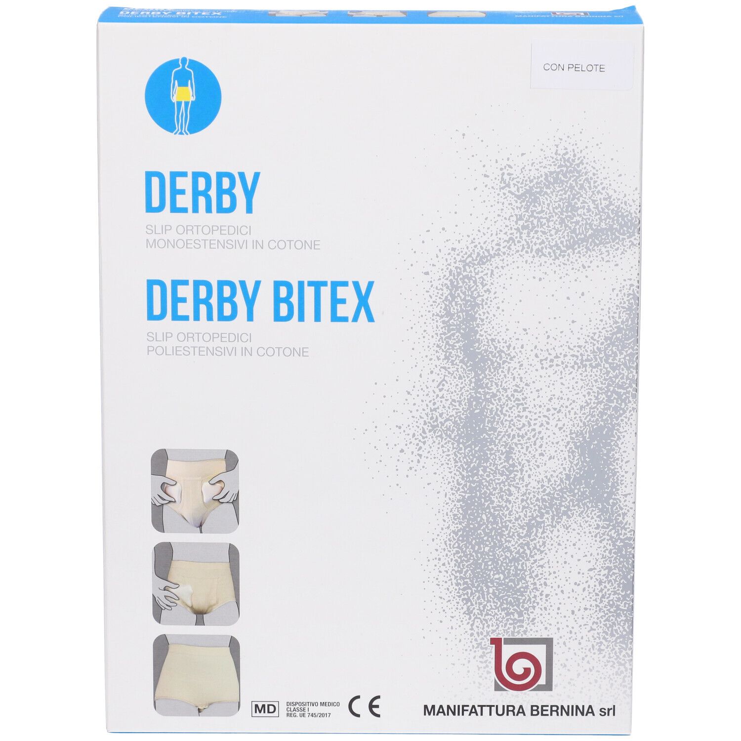 Vista frontale della confezione Derby BiteX. Scatola bianca con immagini e testo. Logo Manifattura Bernina.