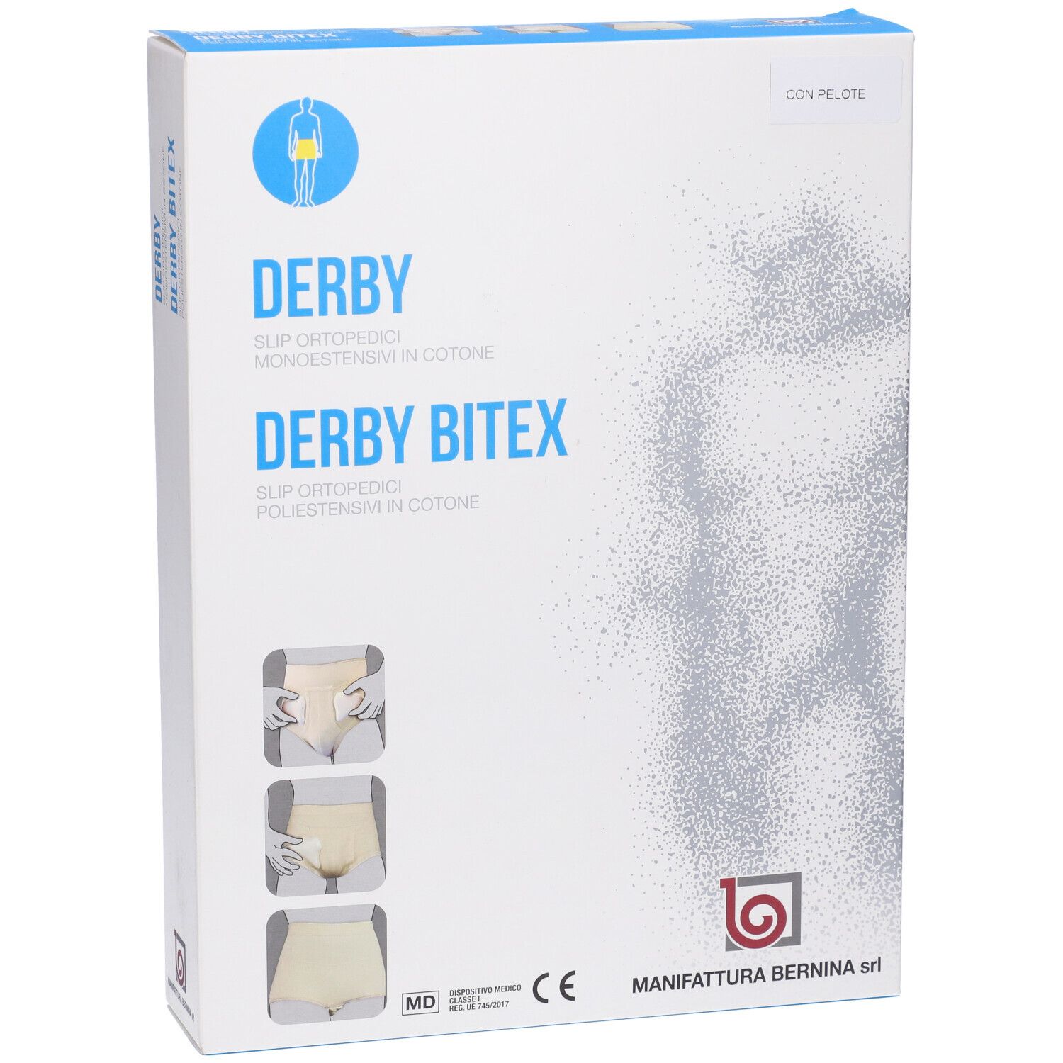 Vista frontale della confezione Derby BiteX. Scatola bianca con immagini e testo. Logo Manifattura Bernina.