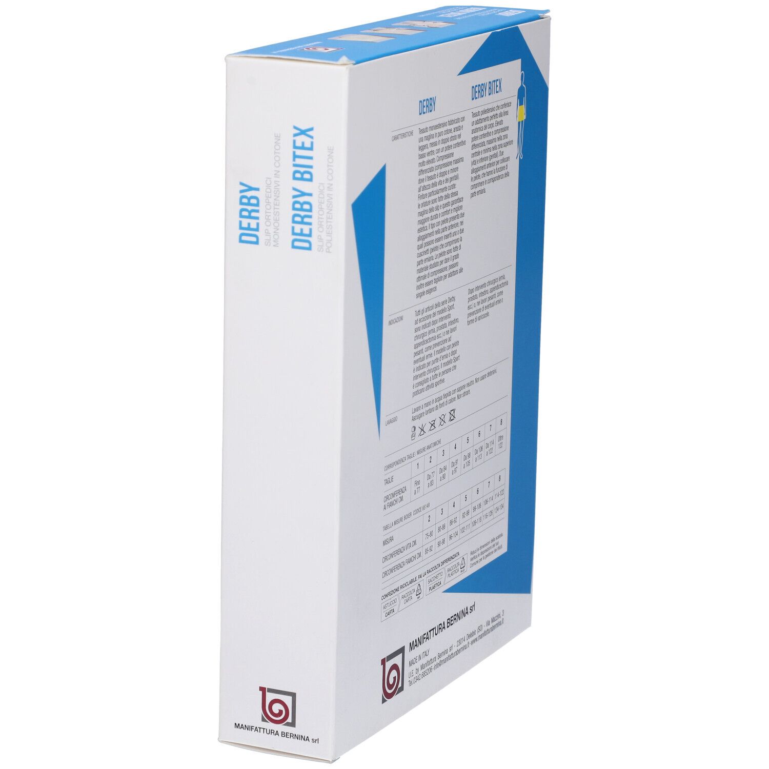 Vista laterale della confezione Derby BiteX con testo e logo del produttore. Tabella taglie visibile.