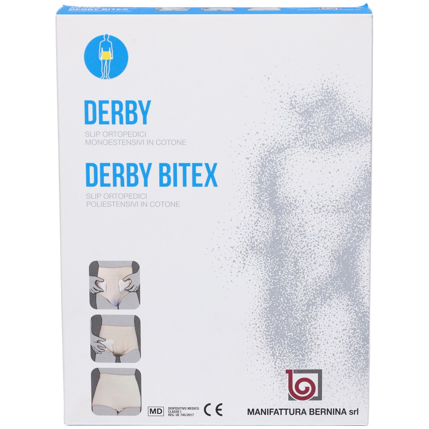 Vista frontale della confezione Derby BiteX. Scritta Slip Ortopedico. Logo e marchio CE.