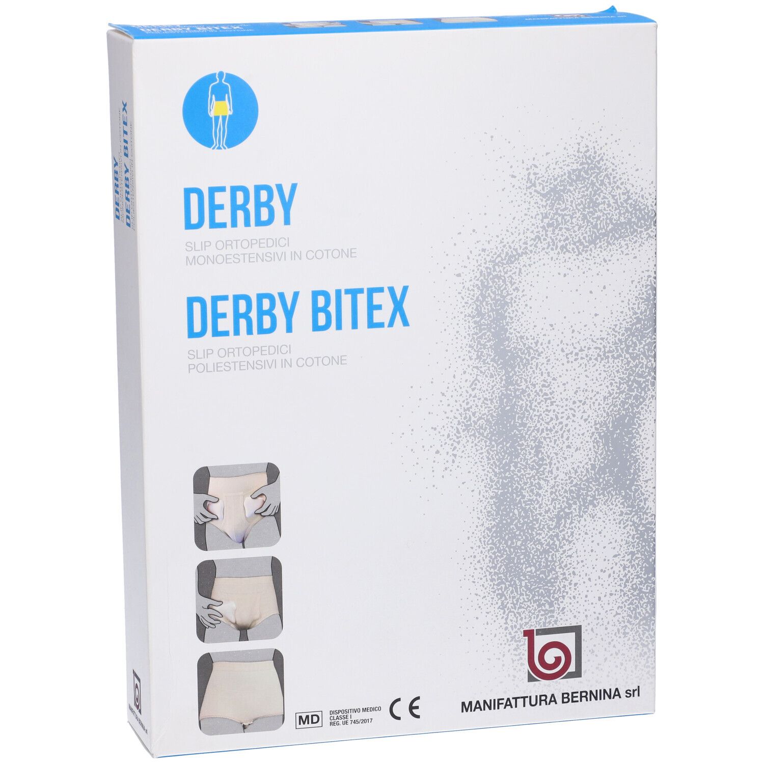 Vista obliqua della confezione Derby BiteX. Scritta Slip Ortopedico. Logo e marchio CE.