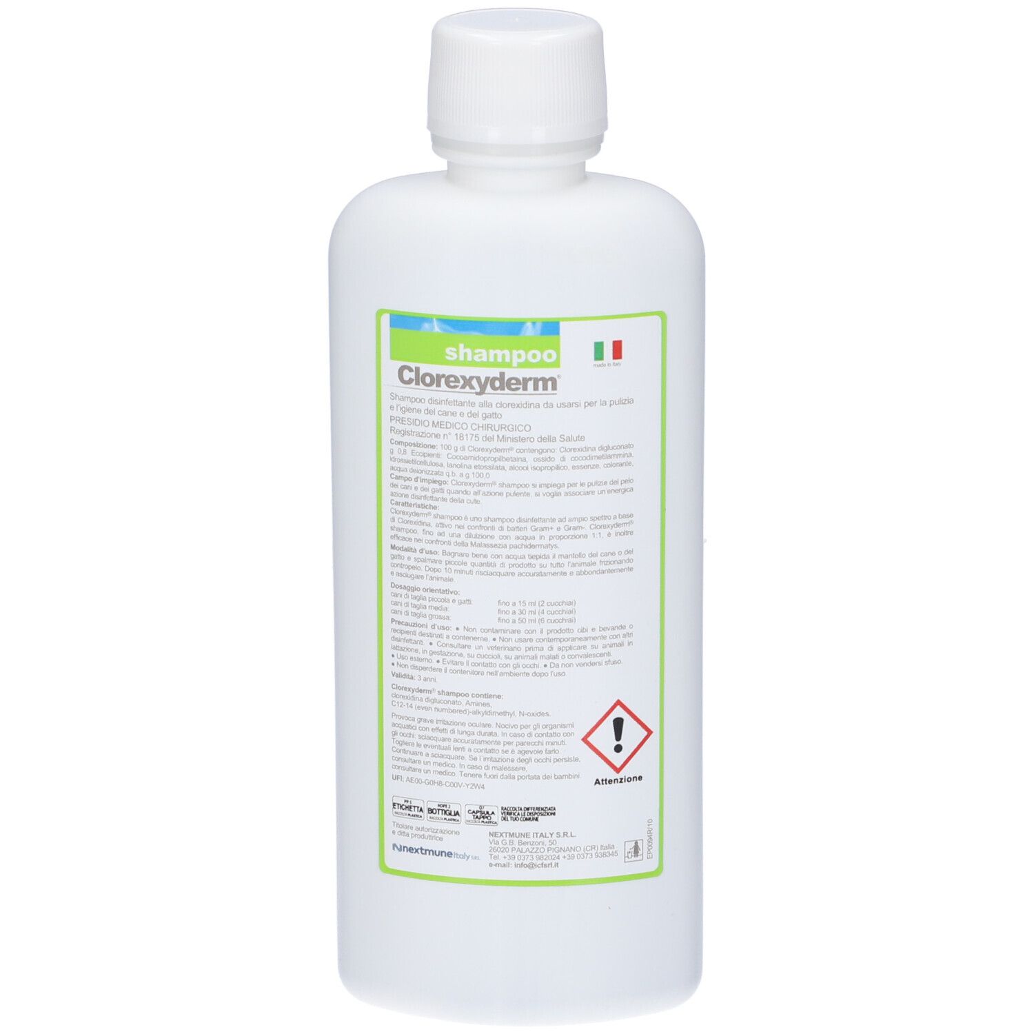 Retro del flacone di shampoo Clorexyderm®. Testo e avvertenza.