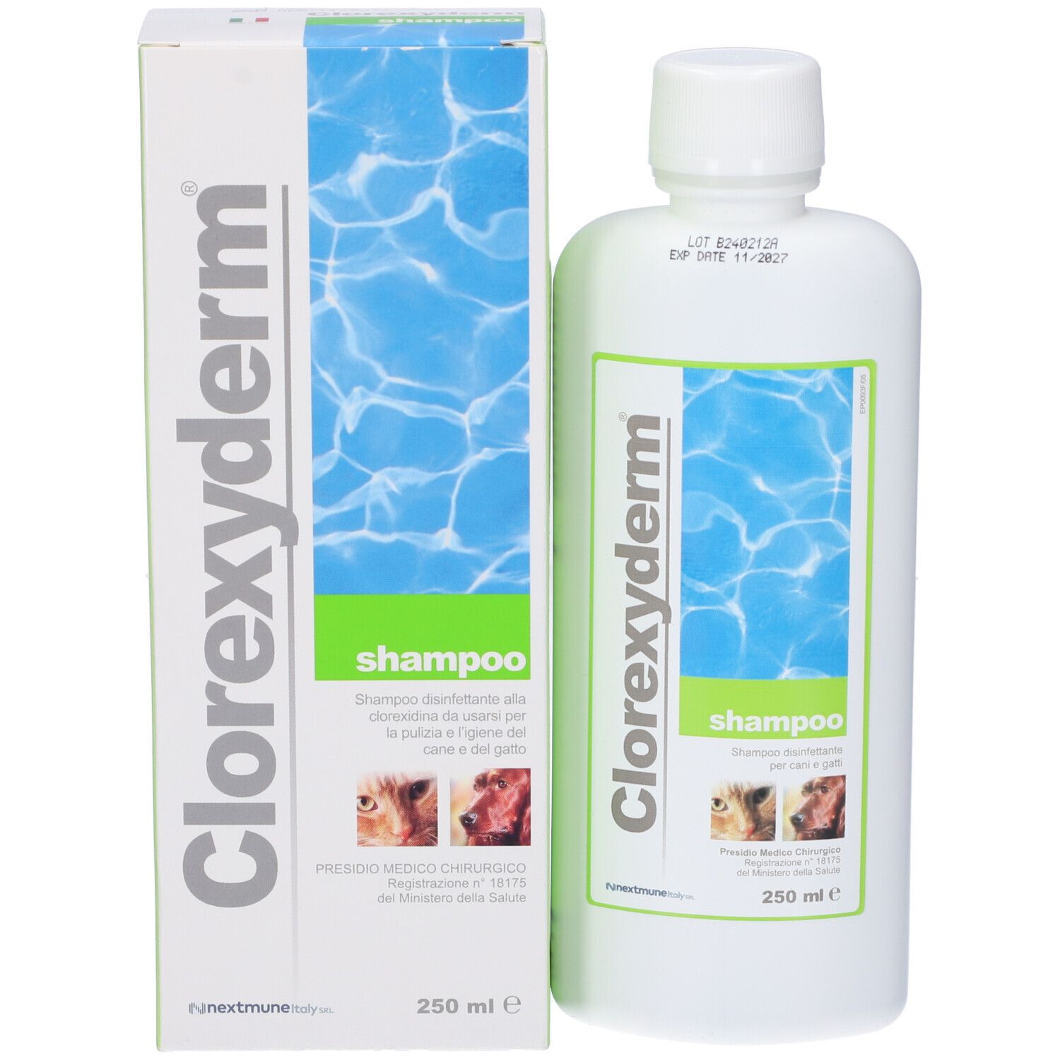 Flacone e confezione di shampoo Clorexyderm®. Testo: Shampoo, 250 ml.