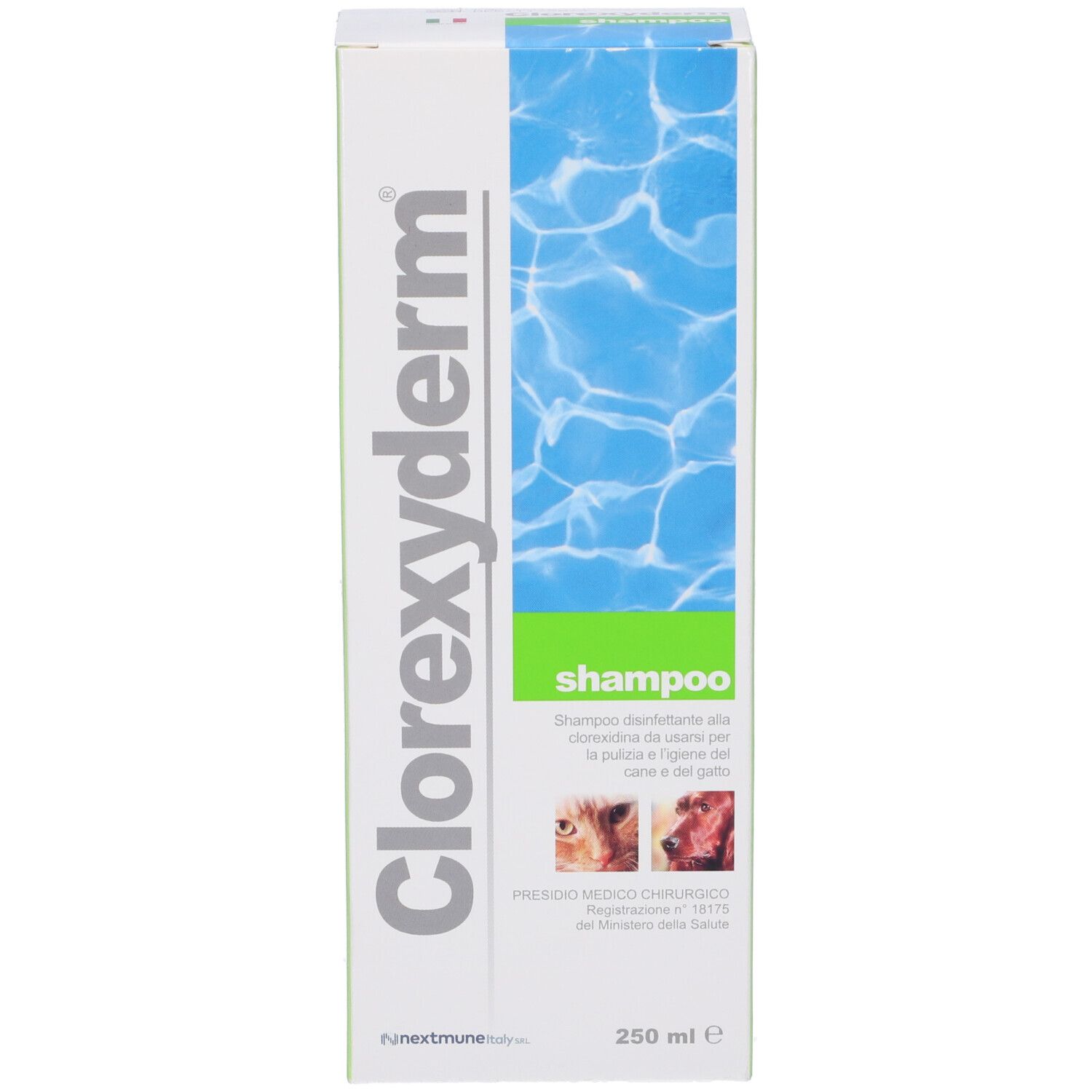 Confezione di shampoo Clorexyderm®. Testo: Shampoo, 250 ml.