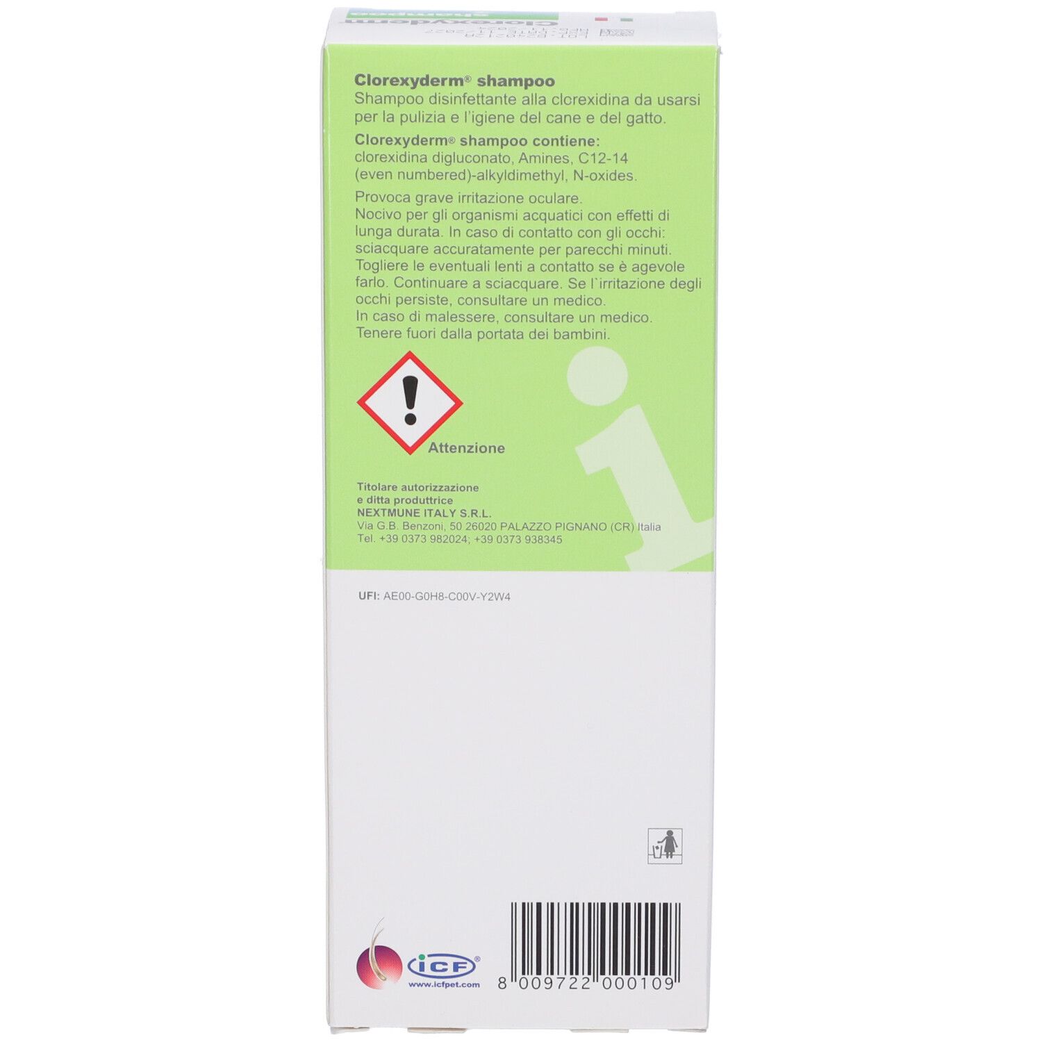 Retro della confezione di shampoo Clorexyderm®. Testo.