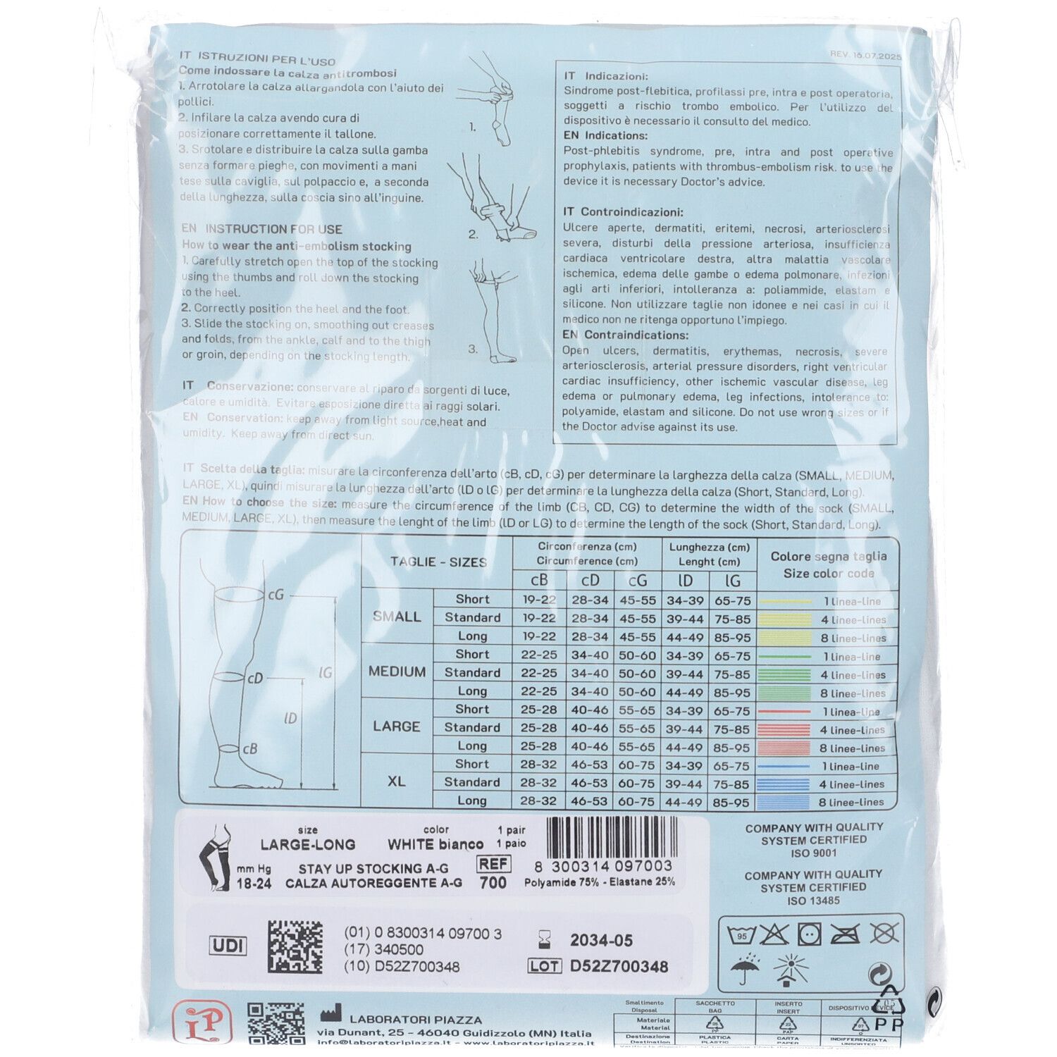 Retro confezione. Testo: Calza Autoreggente A-G 700. Informazioni taglie. Bianco. Calze mediche.