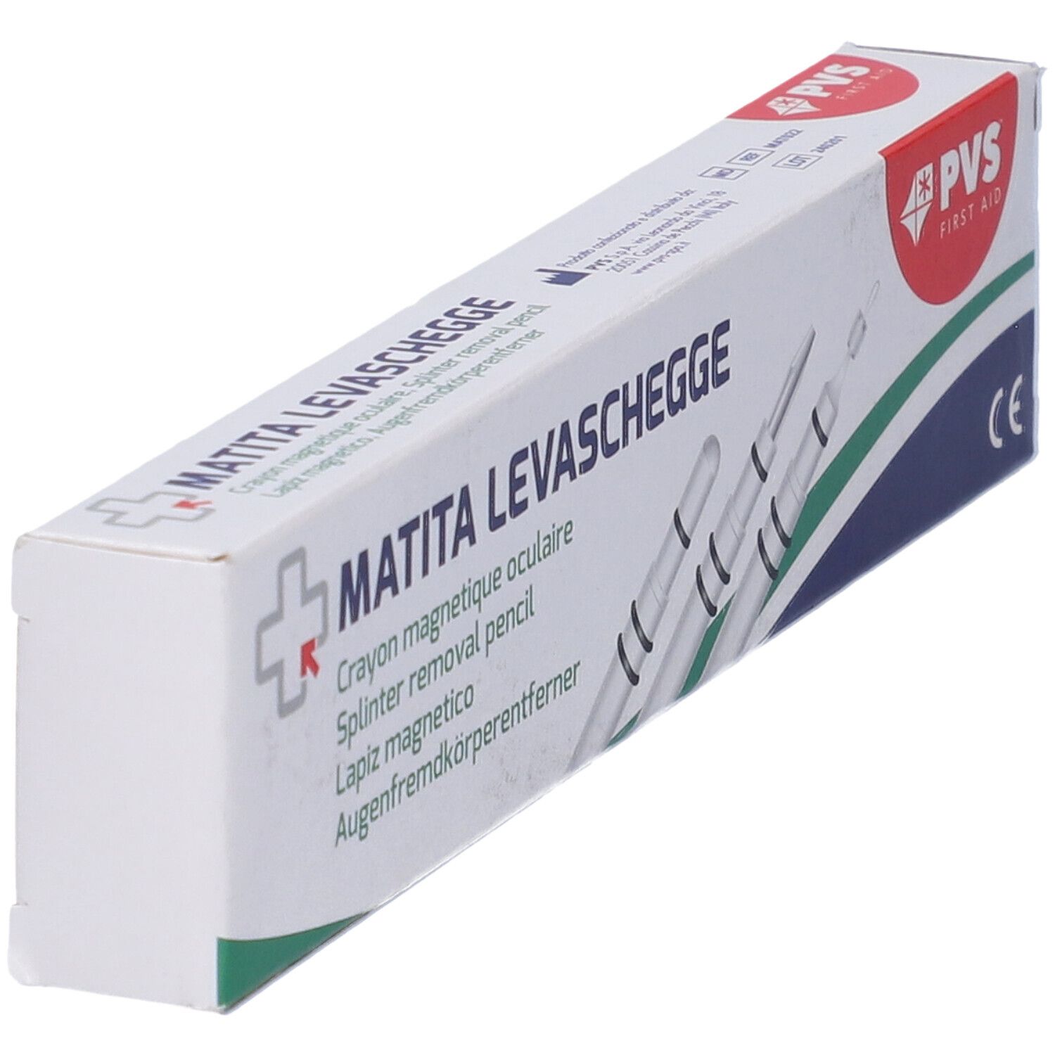 Confezione MATITA LEVASCHEGGE inclinata. Matita magnetica per schegge. Logo PVS First Aid e marchio CE. Scritta multilingue.