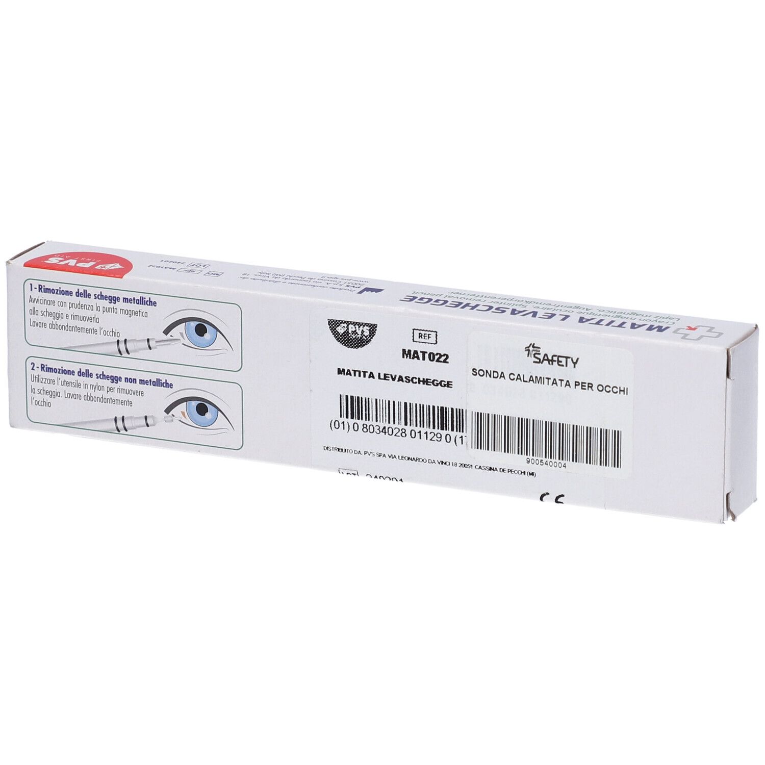 Confezione MATITA LEVASCHEGGE. Esempi d'uso e nome del prodotto. Logo PVS Safety. Contiene una matita magnetica.
