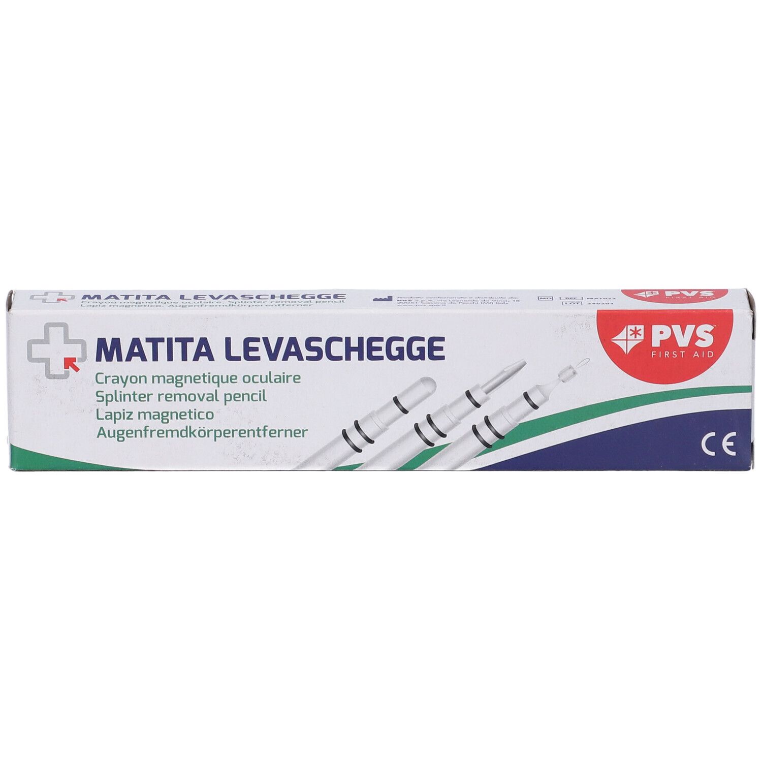 Confezione MATITA LEVASCHEGGE. Matita magnetica per schegge. Logo PVS First Aid e marchio CE. Scritta multilingue.