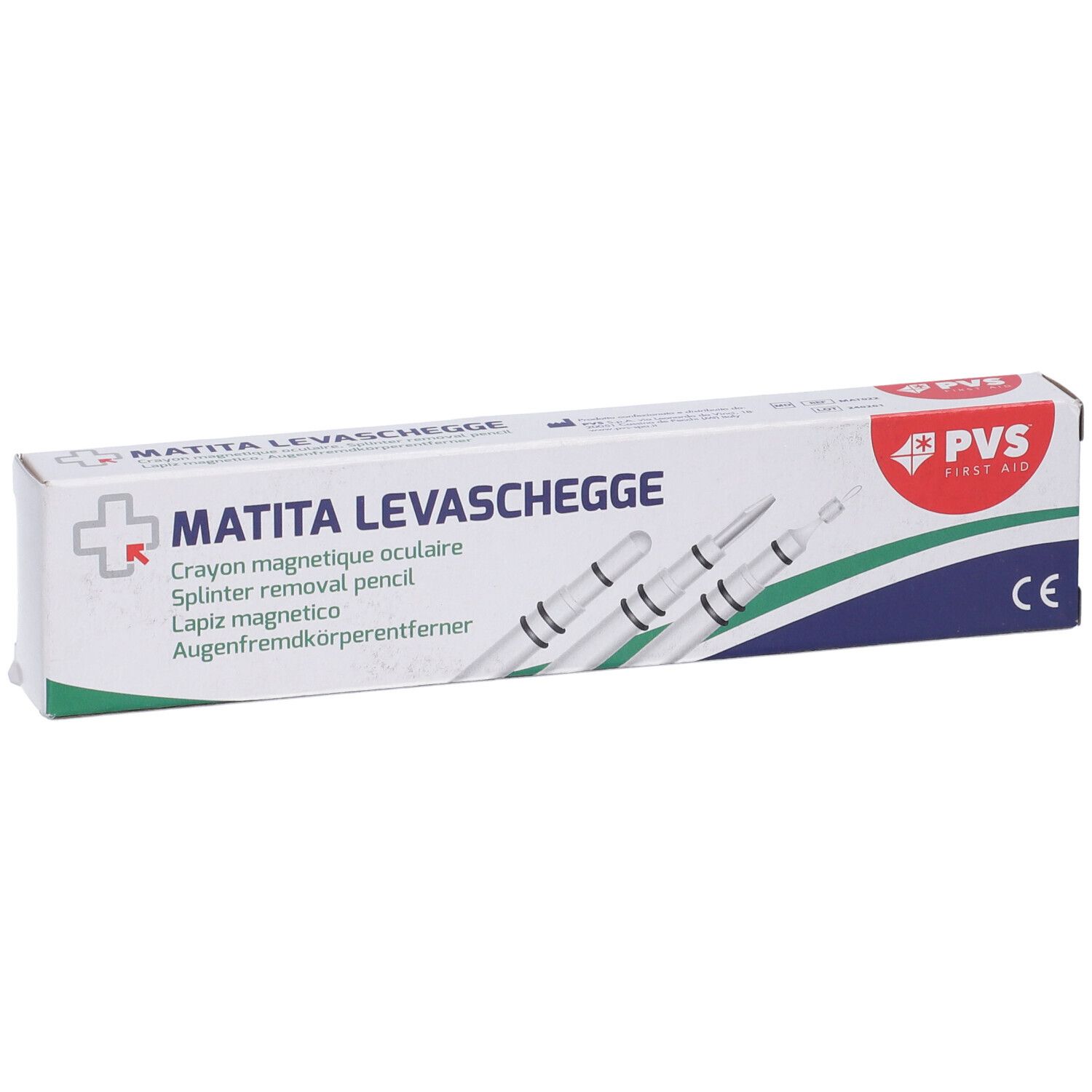 Confezione MATITA LEVASCHEGGE. Matita magnetica per schegge. Logo PVS First Aid e marchio CE. Scritta multilingue.