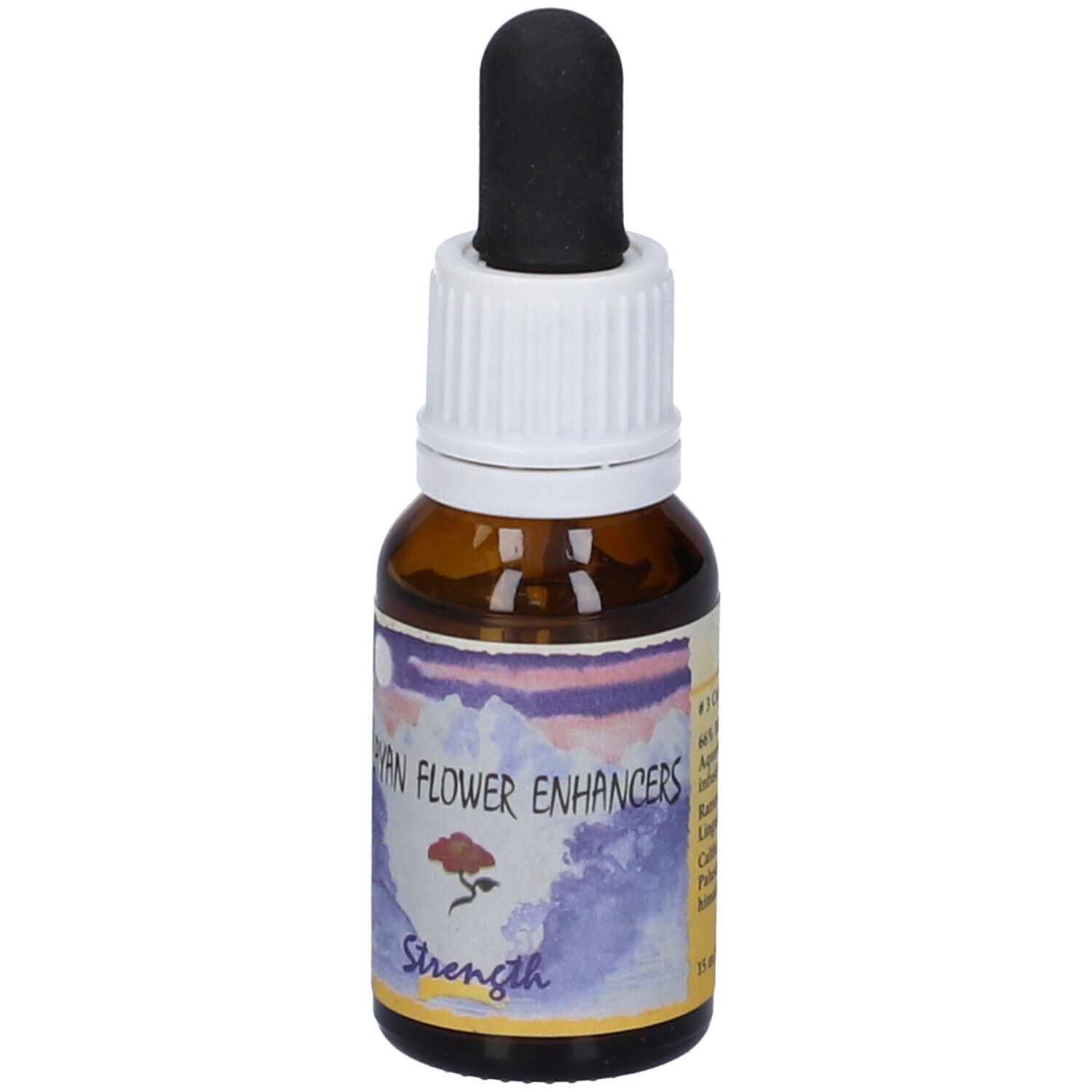 Flacone di vetro marrone con contagocce nero. Etichetta con paesaggio e scritta 'Strength'.