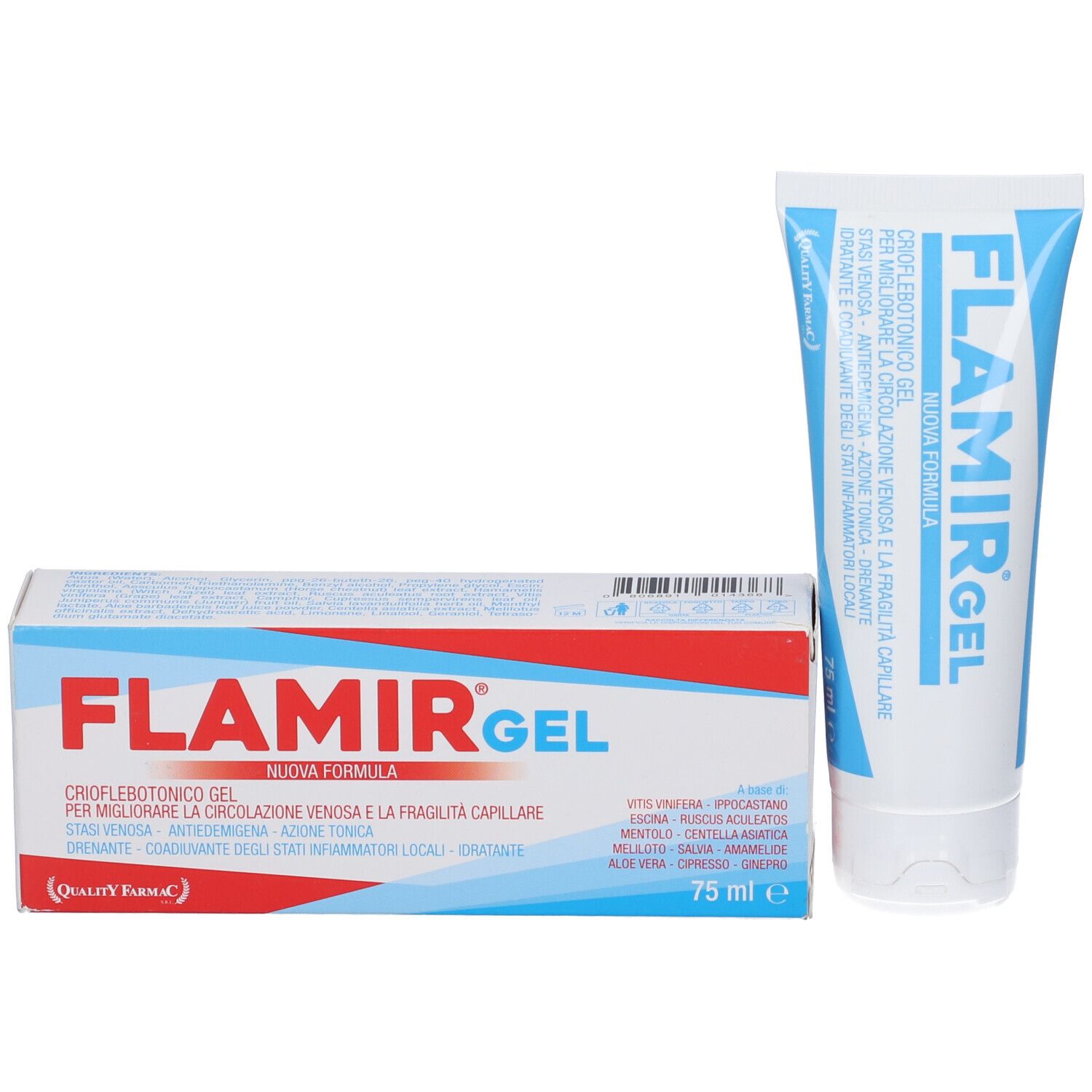 Tubo e scatola. Scritta: FLAMIR GEL. Testo in italiano. Contenuto: 75 ml.