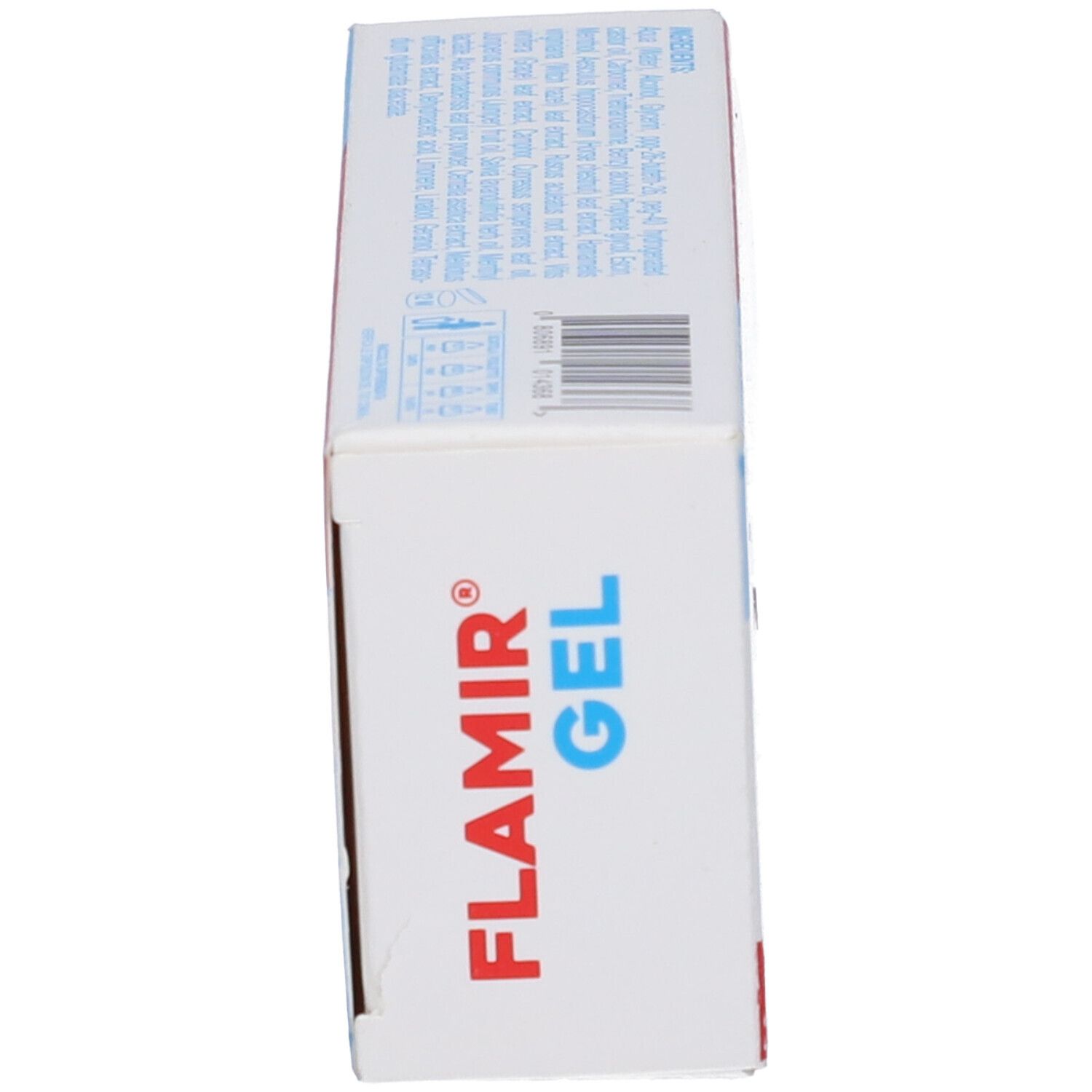 Scatola, vista laterale. Scritta: FLAMIR GEL.