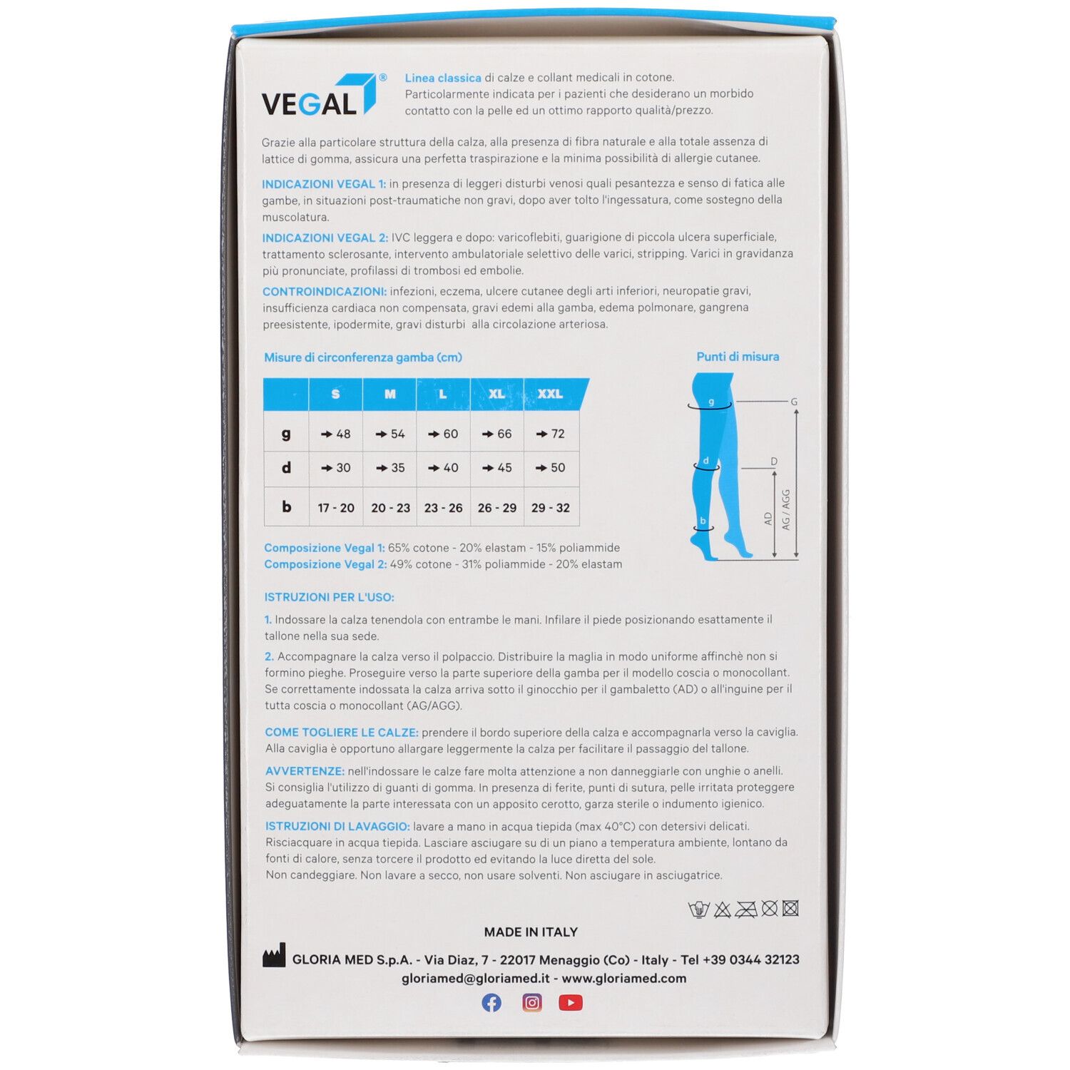 Retro della confezione con testo e tabella taglie. Logo VEGAL in alto. Made in Italy.