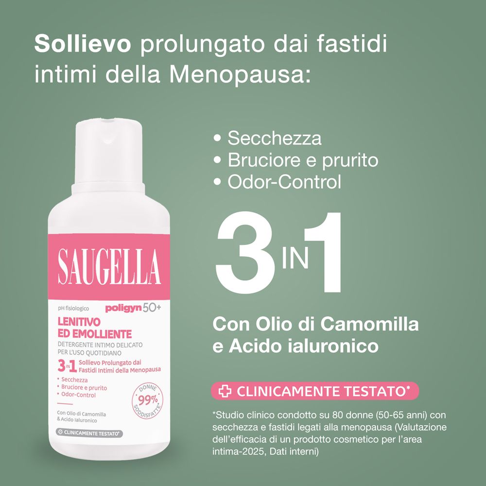 Flacone SAUGELLA Poligyn 50+. Formula 3-in-1. Aiuta secchezza, prurito e odori. Clinicamente testato.