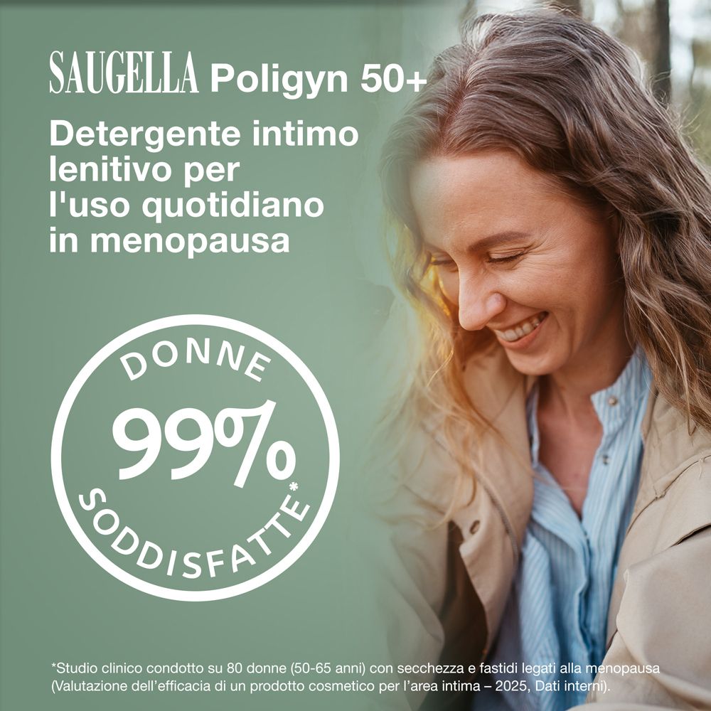 Flacone SAUGELLA Poligyn 50+. Per uso quotidiano in menopausa. 99% donne soddisfatte.
