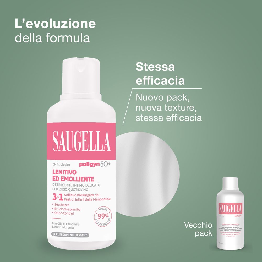 Flacone SAUGELLA Poligyn 50+. Nuovo pack, nuova texture, stessa efficacia. Due flaconi.