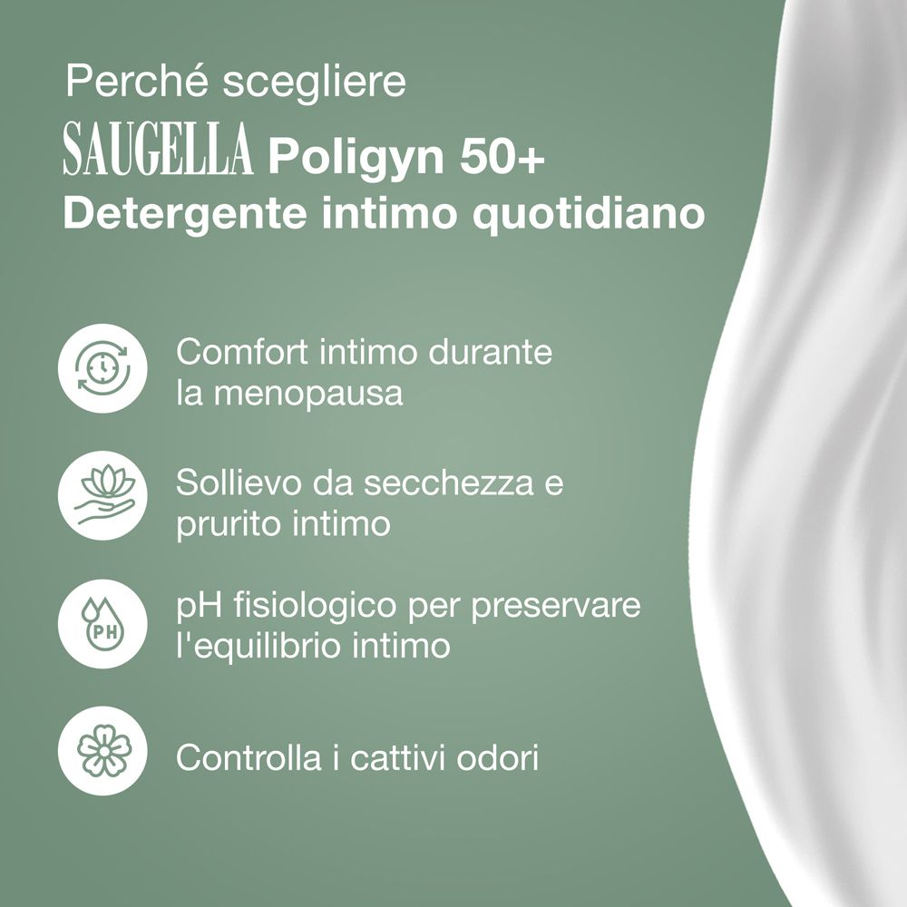 Flacone SAUGELLA Poligyn 50+. Comfort, sollievo secchezza, pH fisiologico e controllo odori.