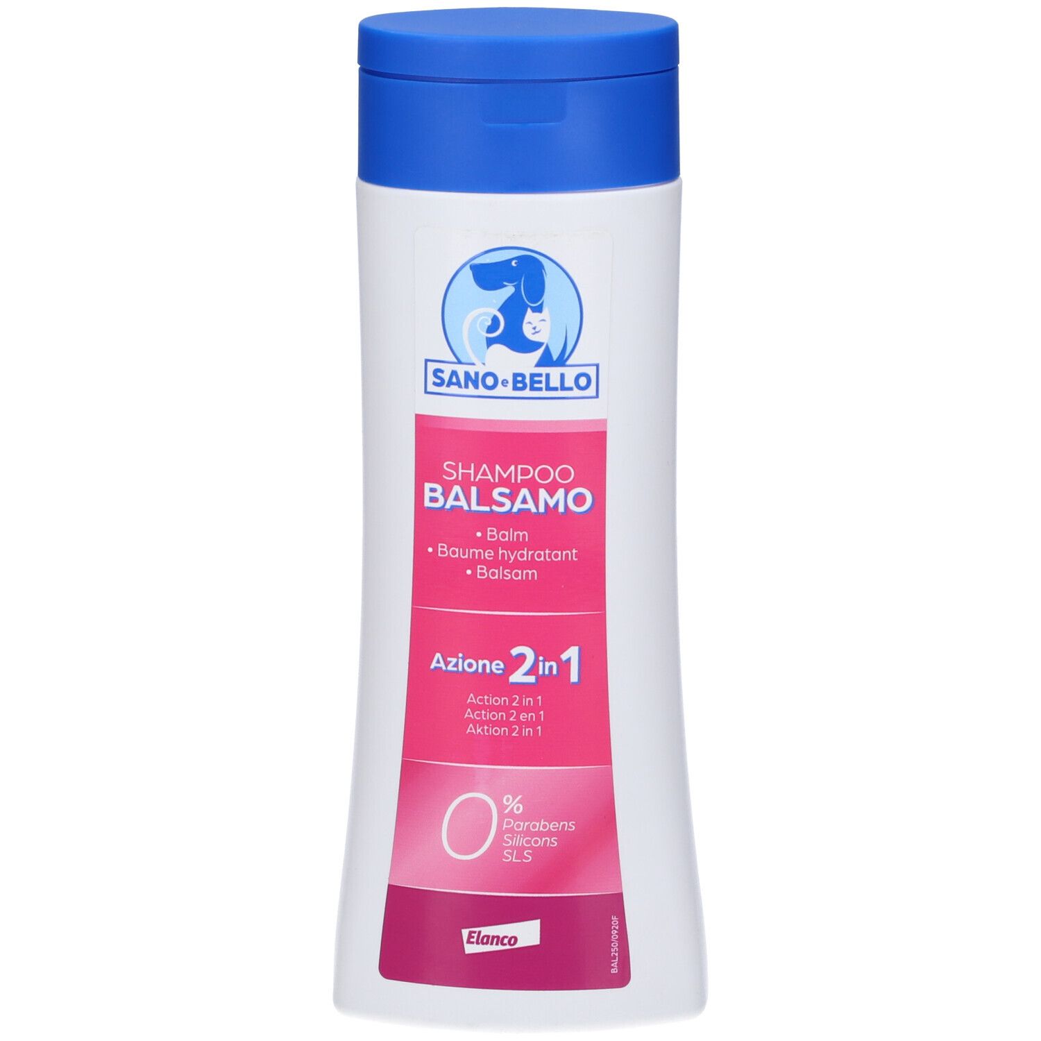 Flacone bianco con tappo blu. Scritta: Sano+Bello, Shampoo Balsamo, 2 in 1. Etichetta rosa.