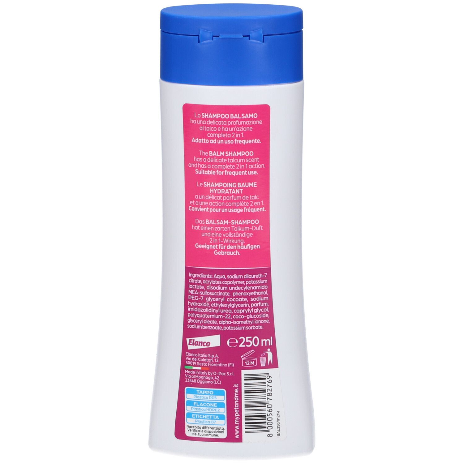 Retro di un flacone bianco con tappo blu. Testo multilingue. Ingredienti e indicazione del volume.