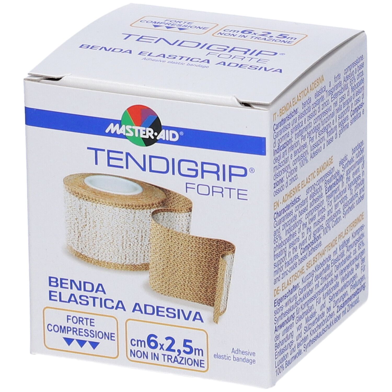 Confezione di Master-Aid Tendigrip Forte. Benda elastica, 6x2,5 cm. Scatola bianca con nome e logo.