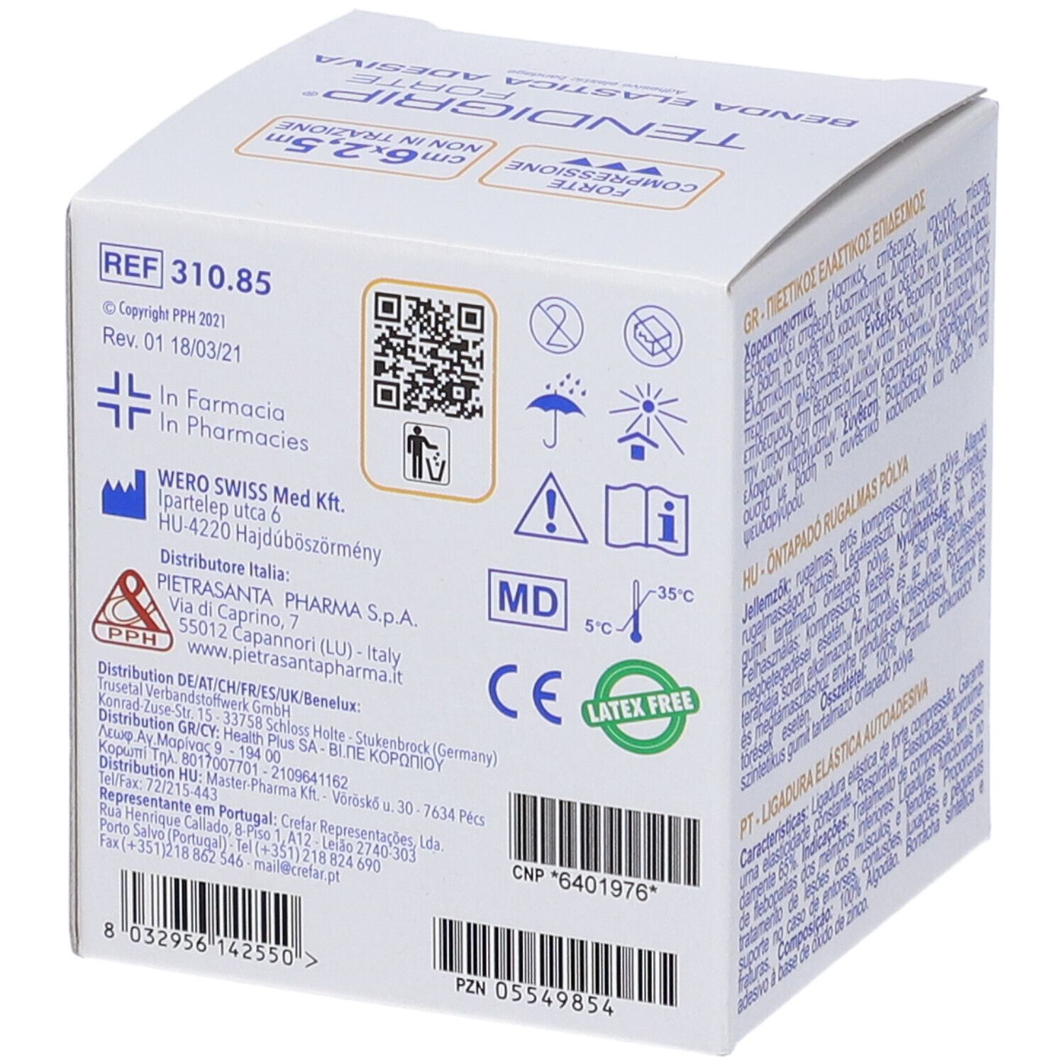 Retro della confezione di Master-Aid Tendigrip Forte. Codice QR, loghi e informazioni. Senza lattice.