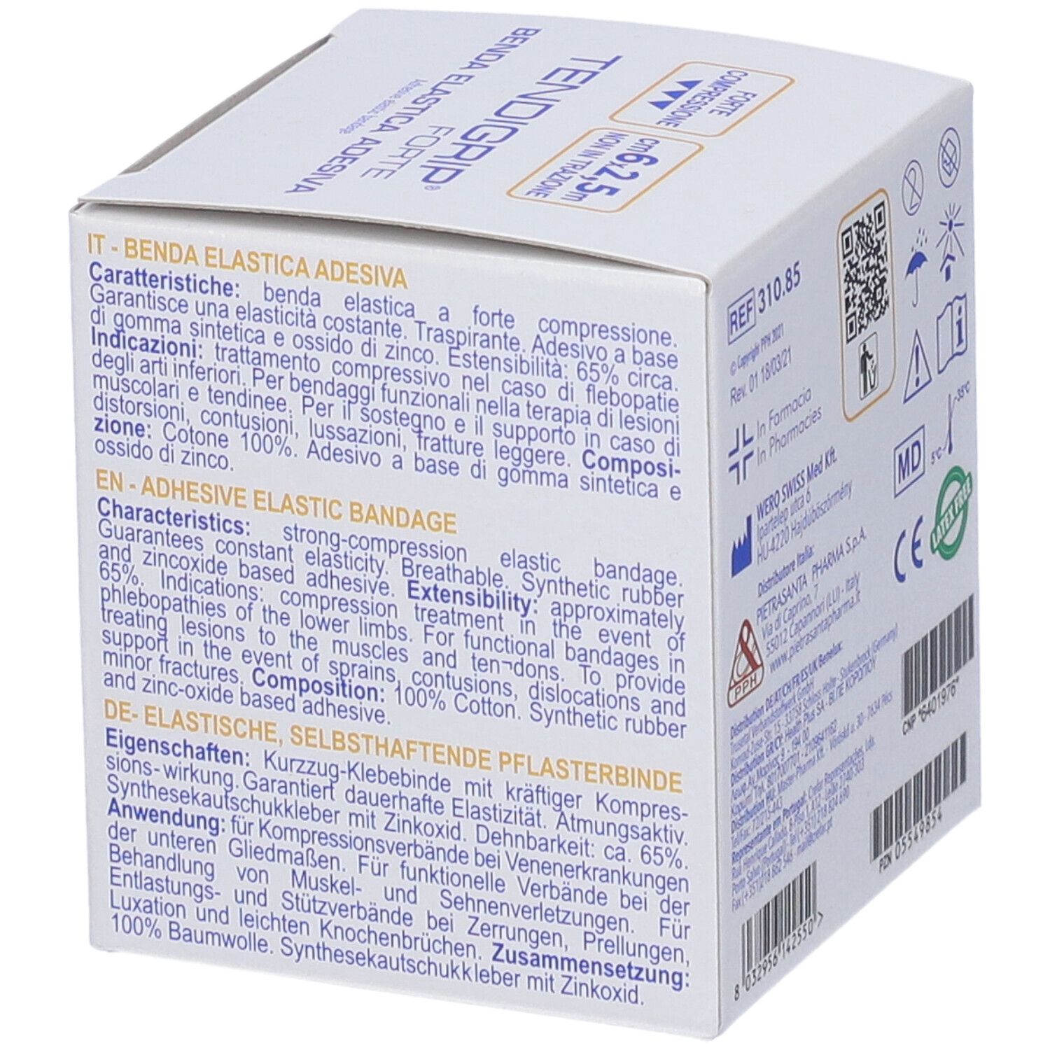 Lato della confezione di Master-Aid Tendigrip Forte. Testo multilingue. Informazioni sul prodotto.