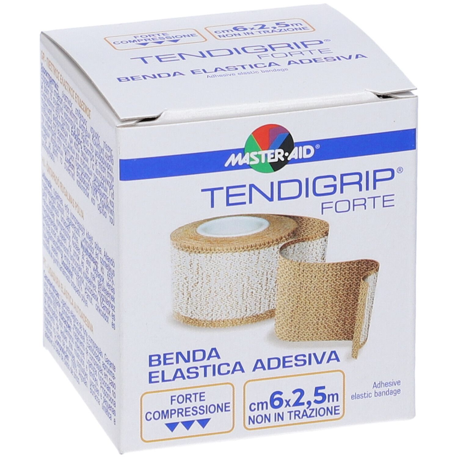 Confezione di Master-Aid Tendigrip Forte. Benda elastica, 6x2,5 cm. Scatola bianca con nome e logo.